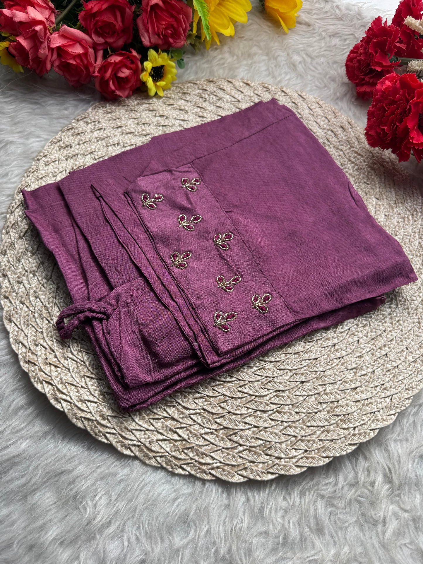 Mauve Embroidered Ethnic Kurta Set with Pants & Dupatta - Prisachi Official