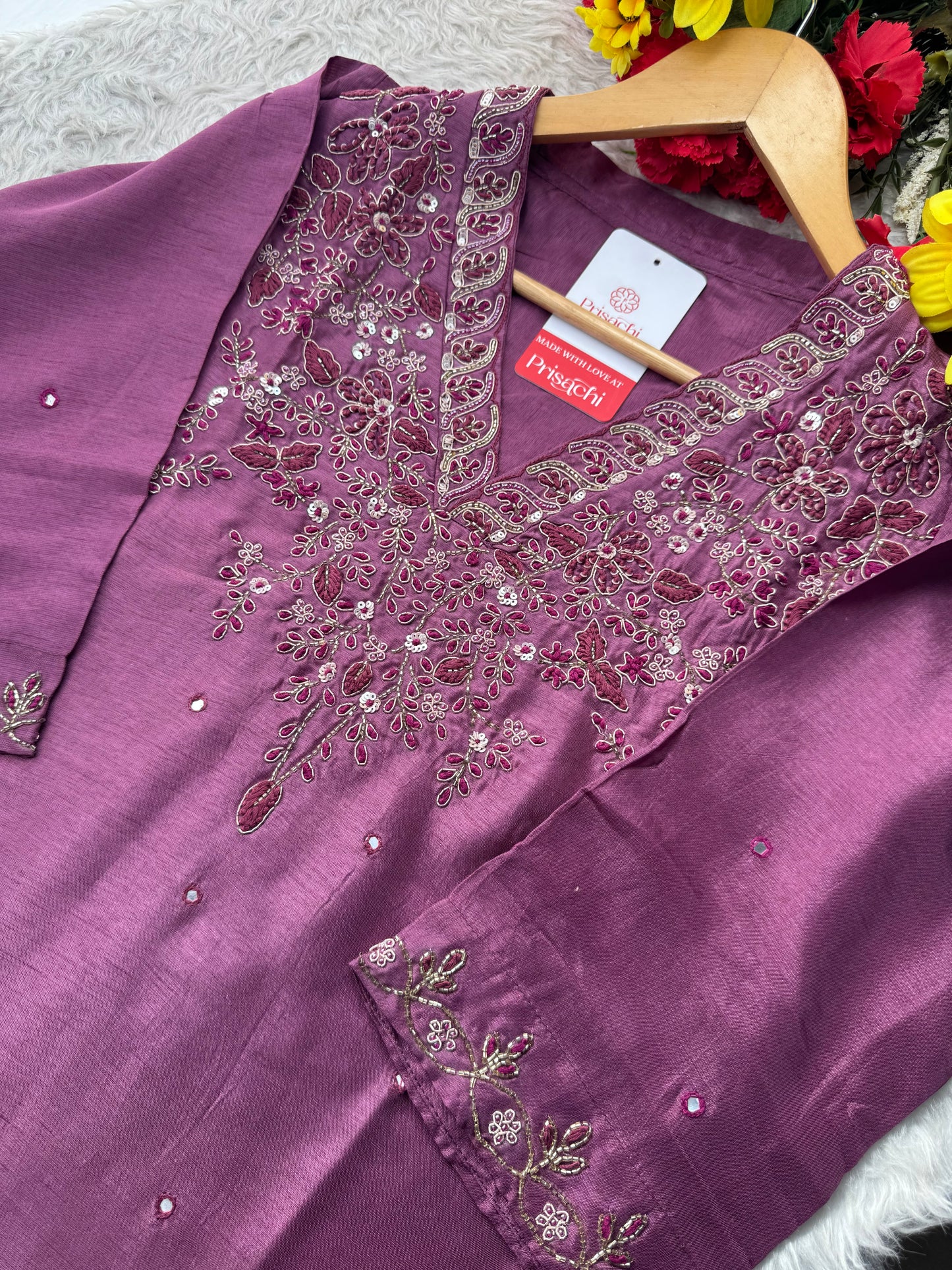 Mauve Embroidered Ethnic Kurta Set with Pants & Dupatta - Prisachi Official
