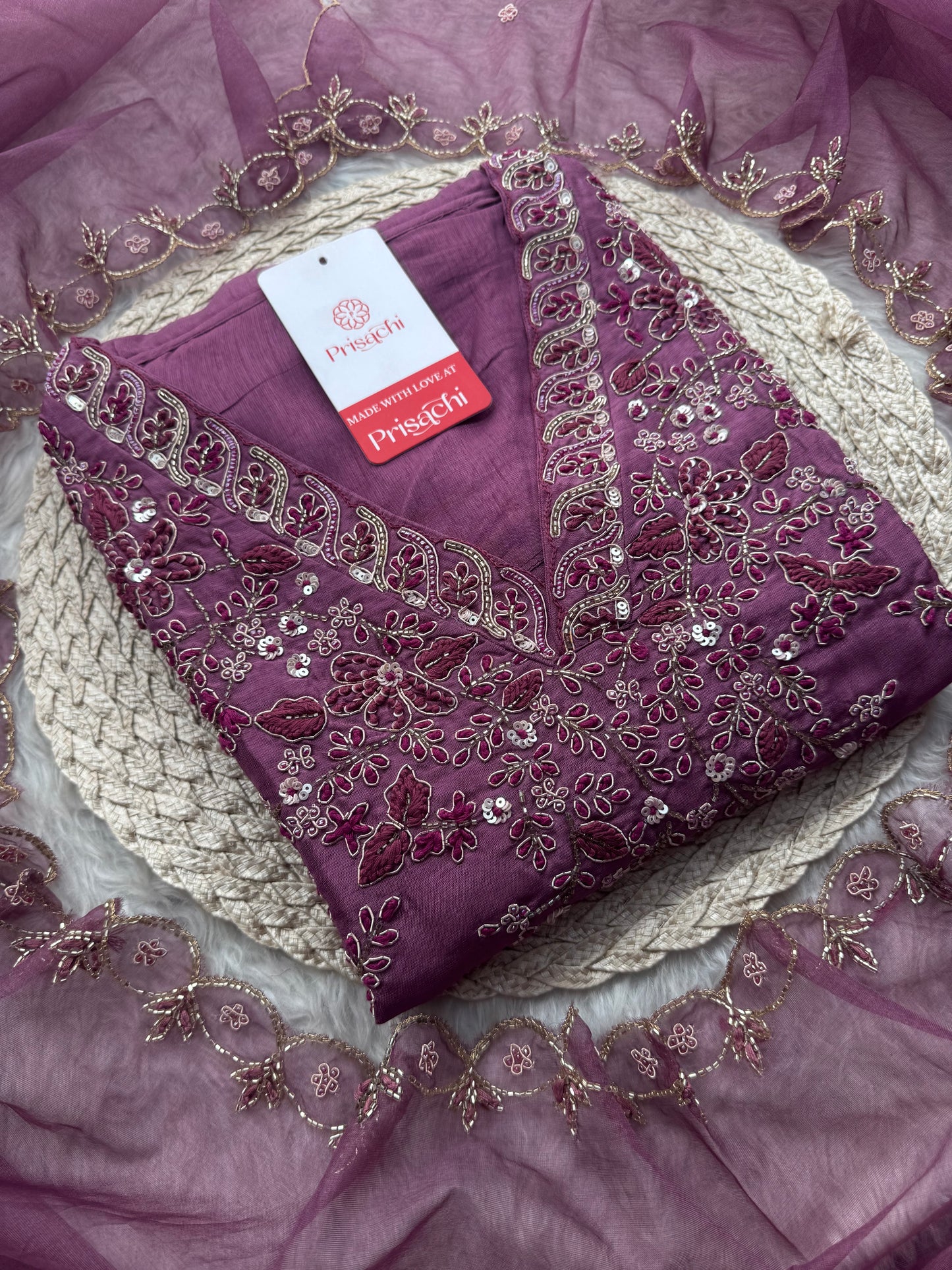 Mauve Embroidered Ethnic Kurta Set with Pants & Dupatta - Prisachi Official