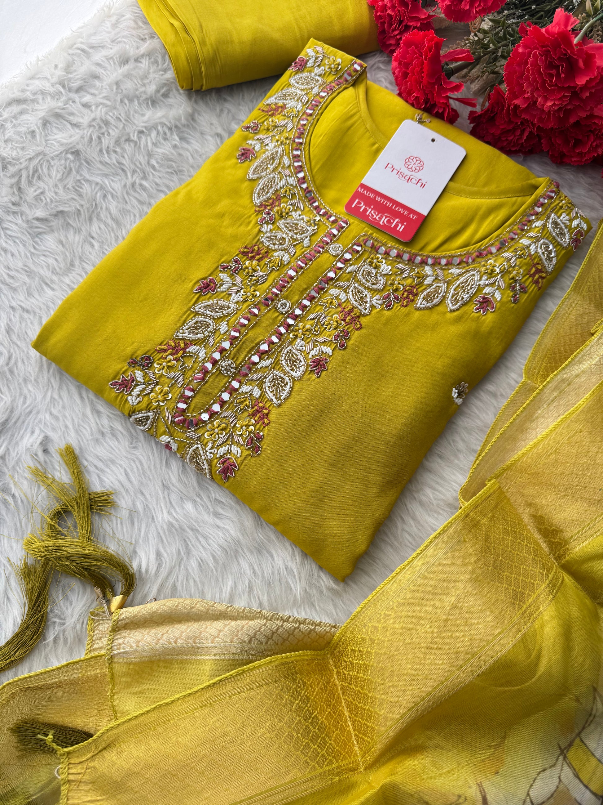 Mustard Yellow Embroidered Ethnic Kurta Set with Pants & Dupatta - Prisachi Official