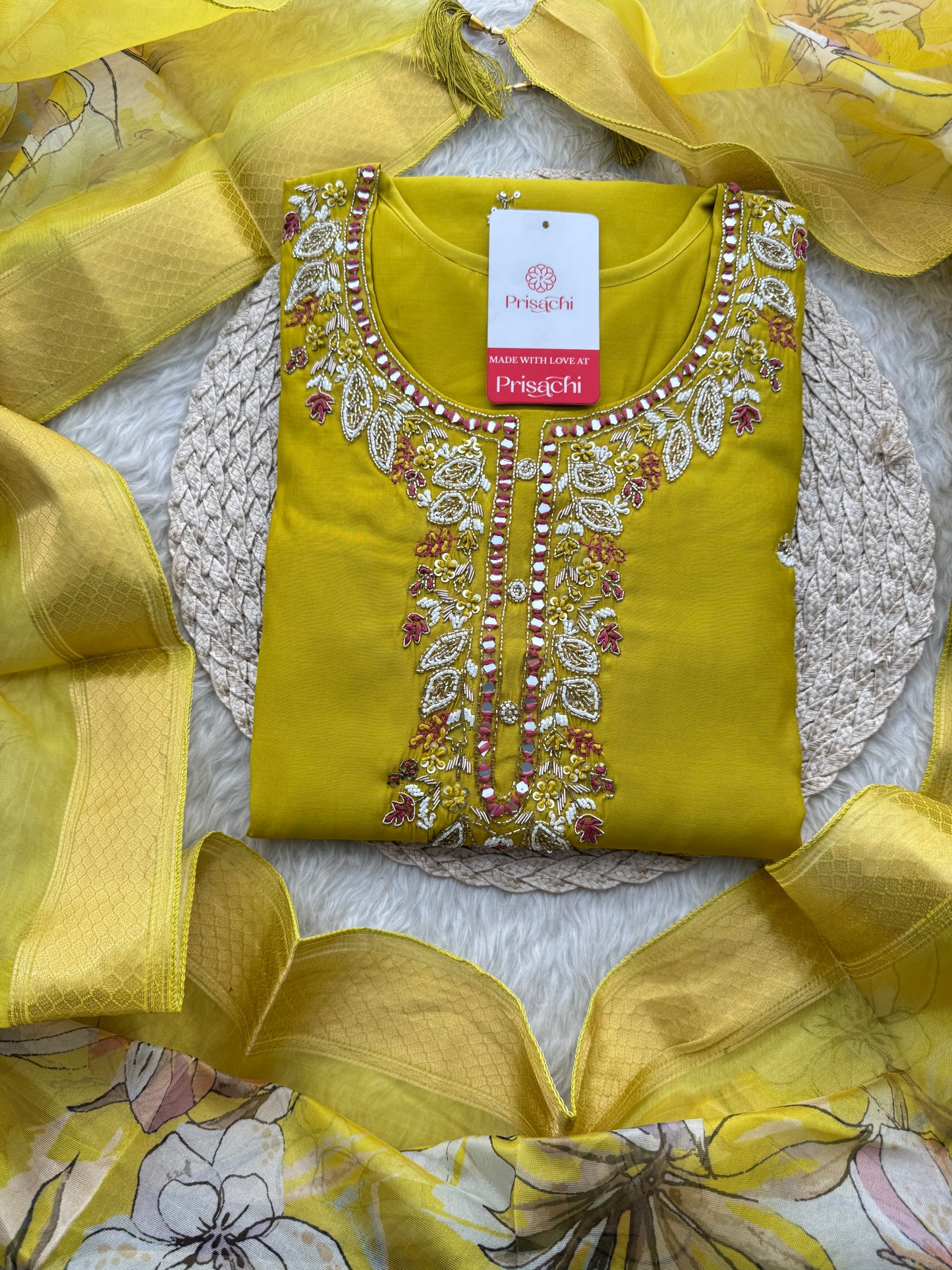 Mustard Yellow Embroidered Ethnic Kurta Set with Pants & Dupatta - Prisachi Official