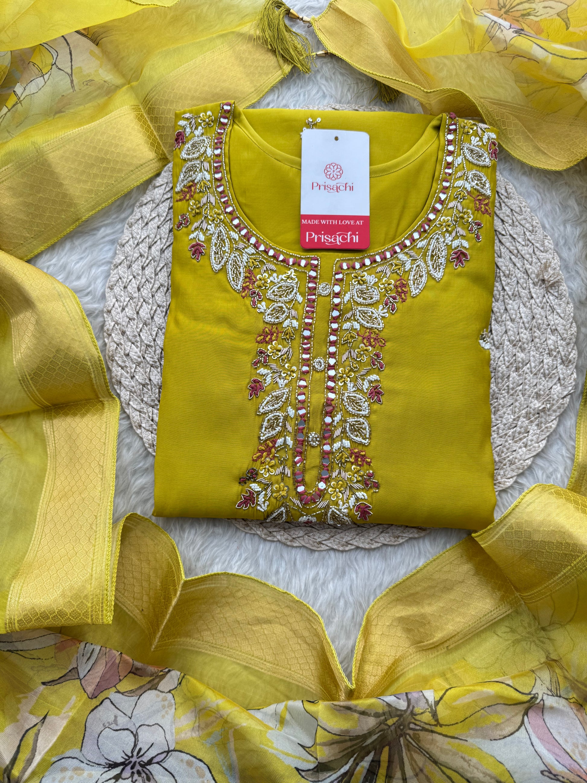 Mustard Yellow Embroidered Ethnic Kurta Set with Pants & Dupatta - Prisachi Official