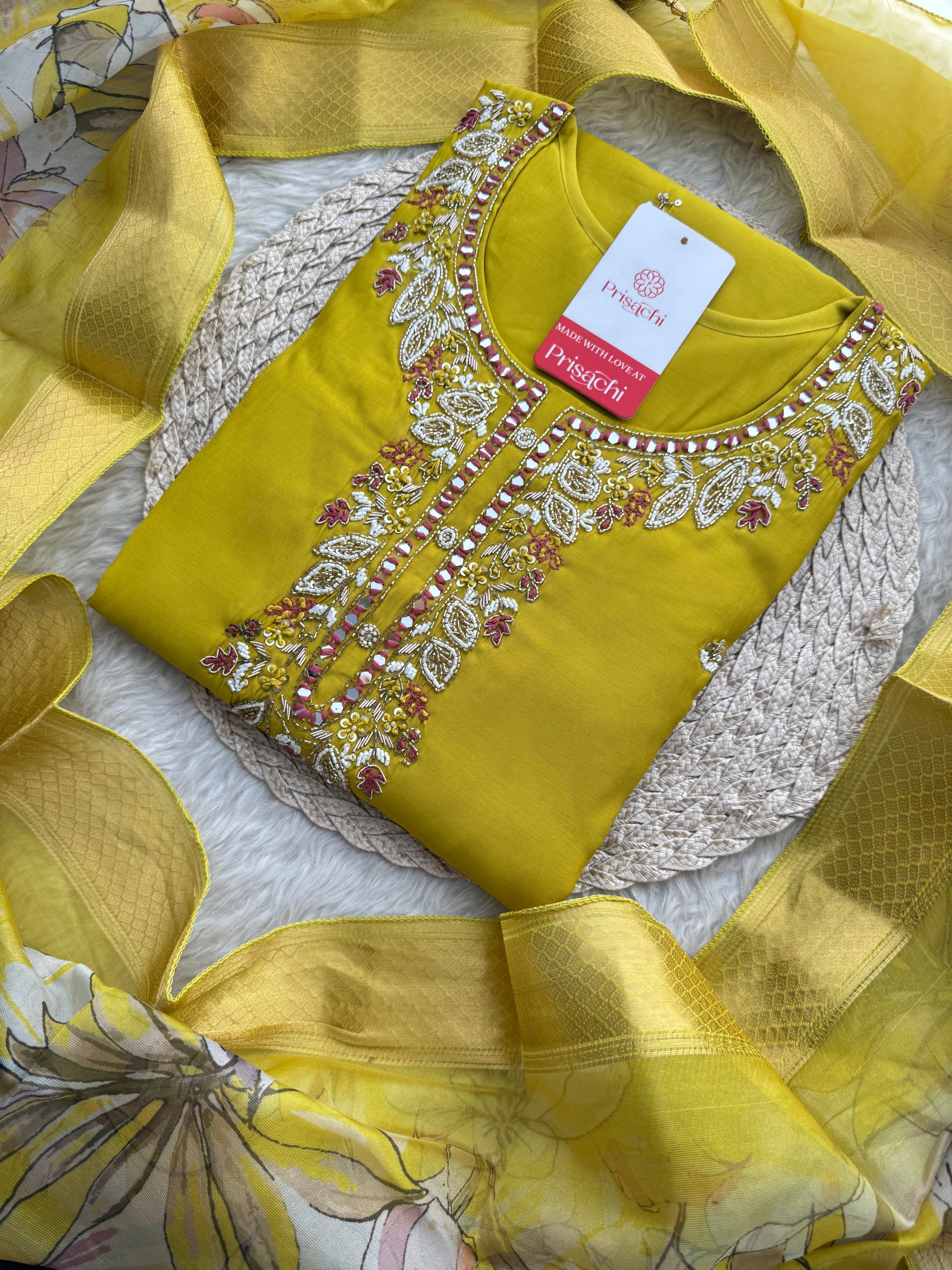 Mustard Yellow Embroidered Ethnic Kurta Set with Pants & Dupatta - Prisachi Official