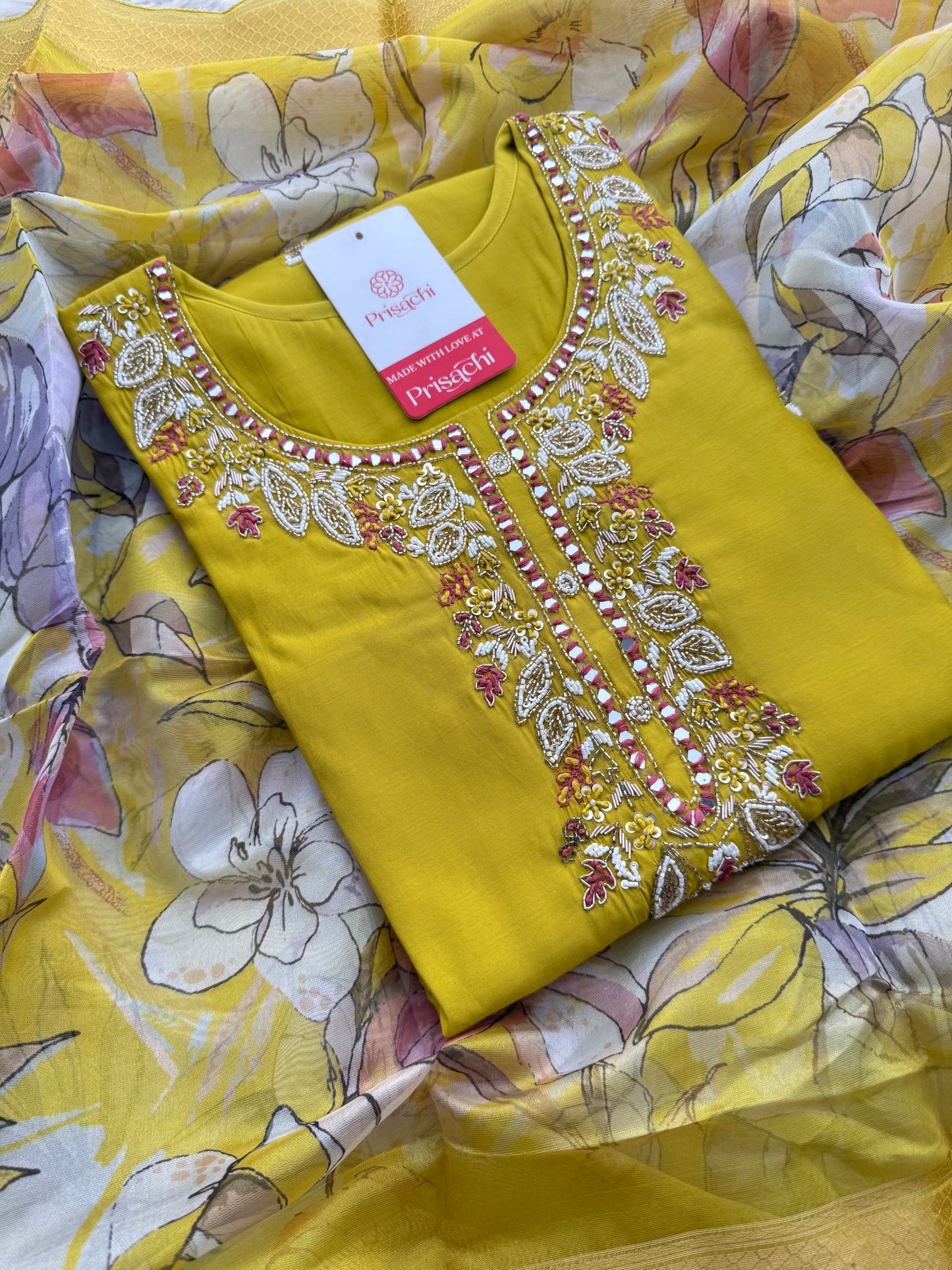 Mustard Yellow Embroidered Ethnic Kurta Set with Pants & Dupatta - Prisachi Official