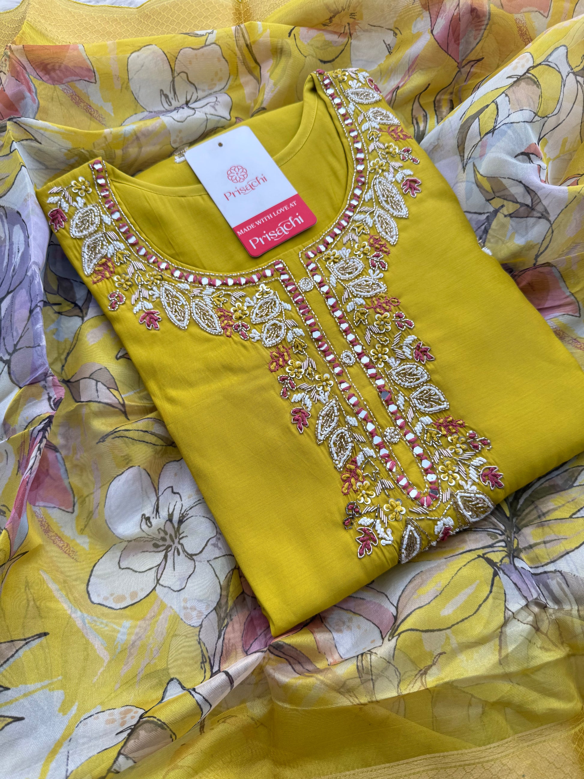 Mustard Yellow Embroidered Ethnic Kurta Set with Pants & Dupatta - Prisachi Official
