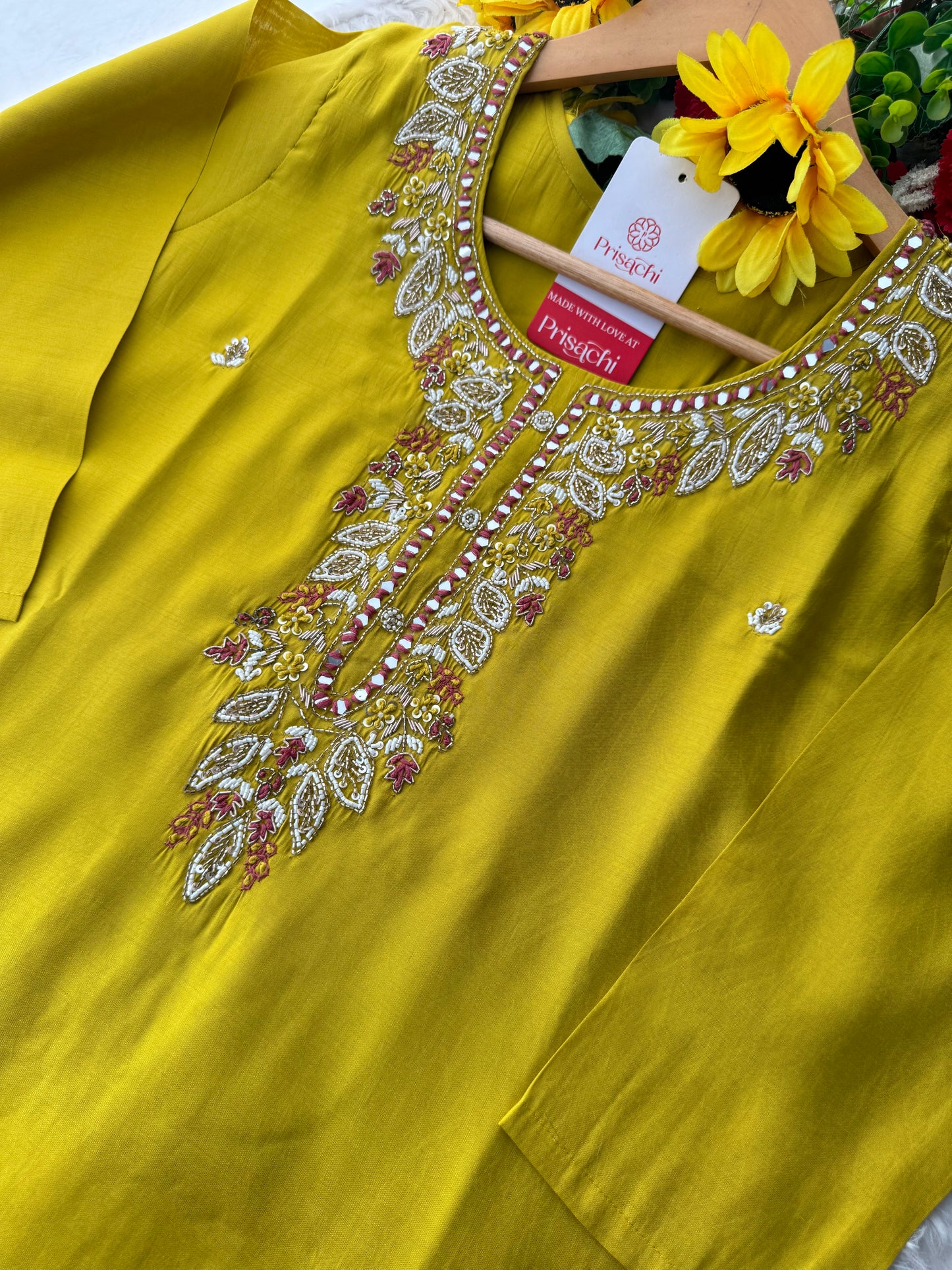 Mustard Yellow Embroidered Ethnic Kurta Set with Pants & Dupatta - Prisachi Official