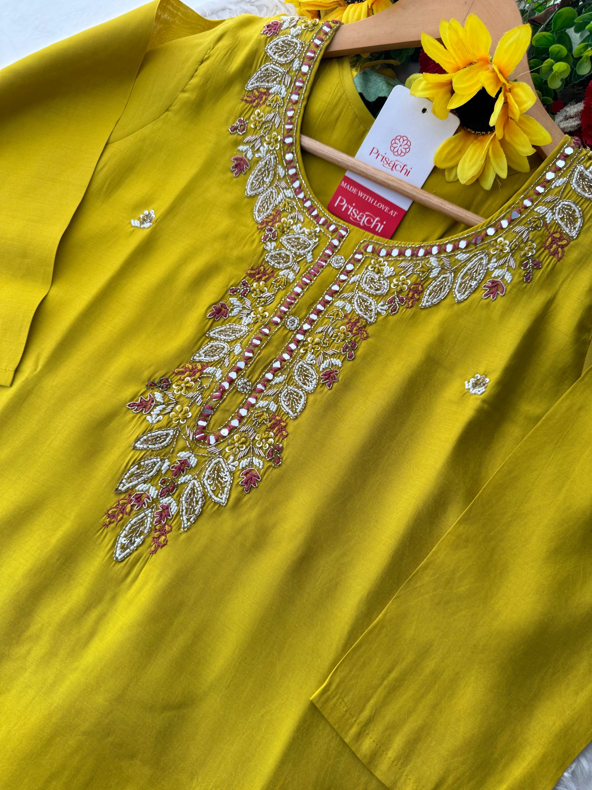 Mustard Yellow Embroidered Ethnic Kurta Set with Pants & Dupatta - Prisachi Official