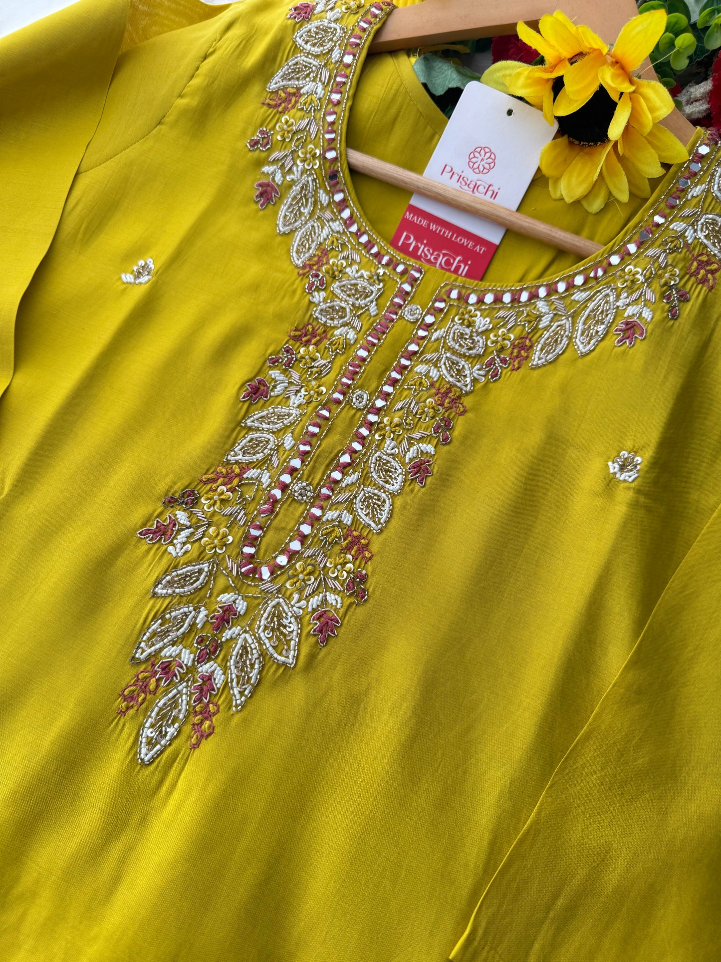 Mustard Yellow Embroidered Ethnic Kurta Set with Pants & Dupatta - Prisachi Official