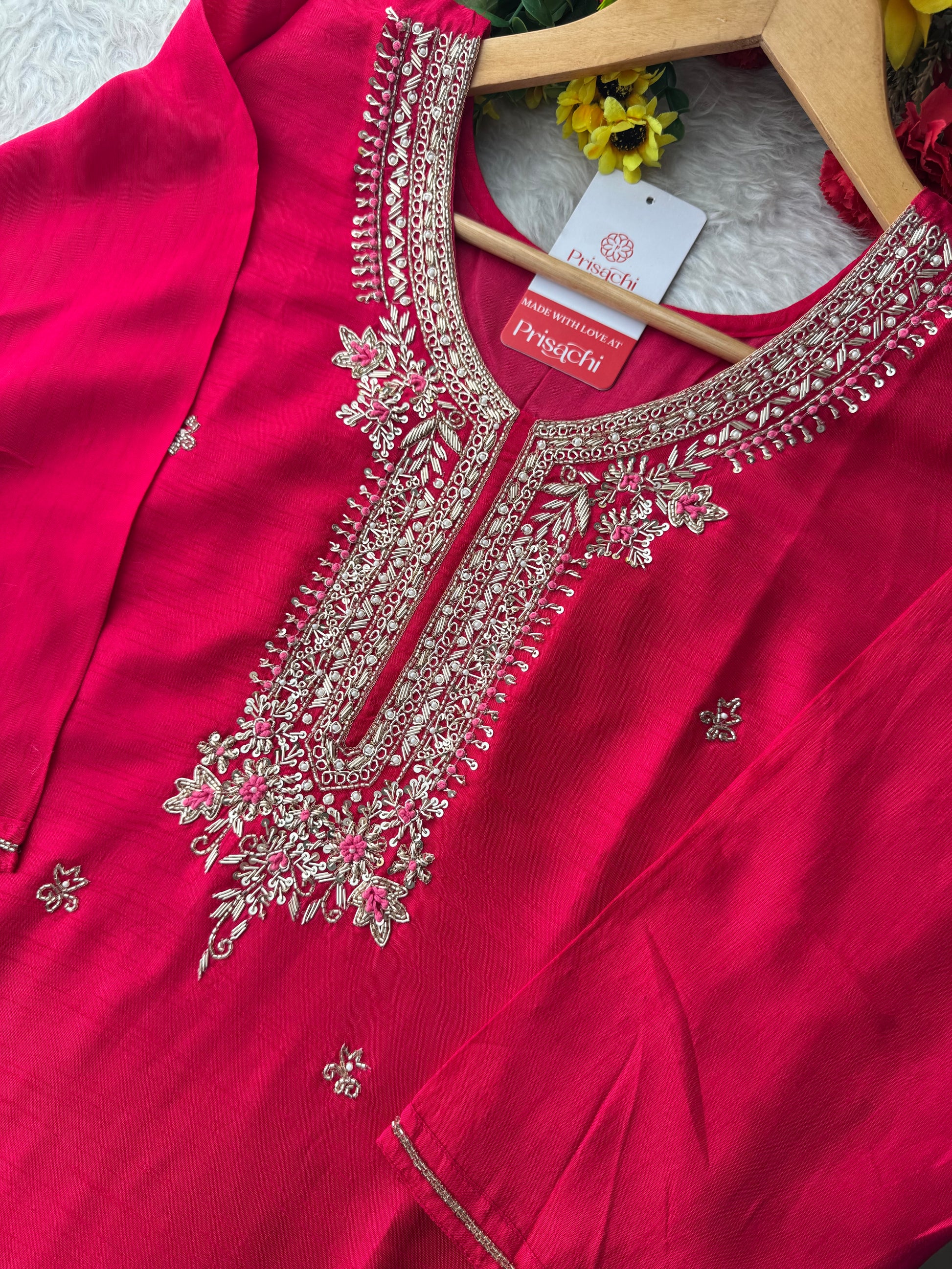 Pink Embroidered Ethnic Kurta Set for Women with Banarasi Dupatta & Pants - Prisachi Official