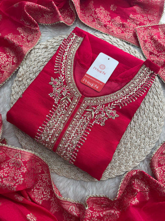 Pink Embroidered Ethnic Kurta Set for Women with Banarasi Dupatta & Pants - Prisachi Official