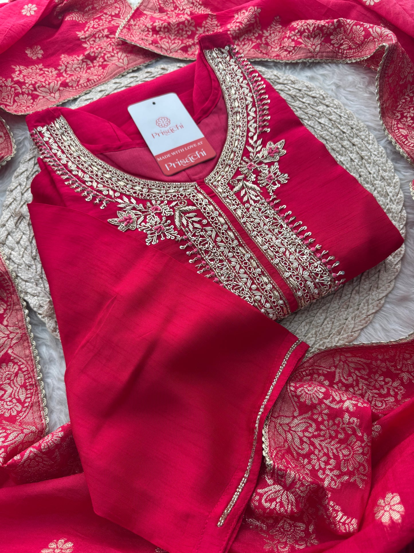 Pink Embroidered Ethnic Kurta Set for Women with Banarasi Dupatta & Pants - Prisachi Official