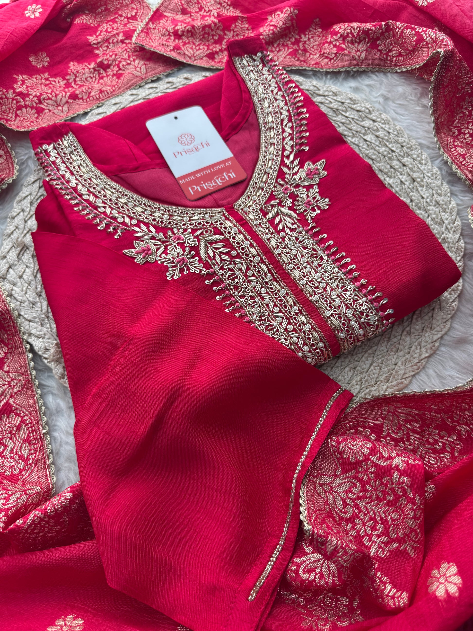 Pink Embroidered Ethnic Kurta Set for Women with Banarasi Dupatta & Pants - Prisachi Official