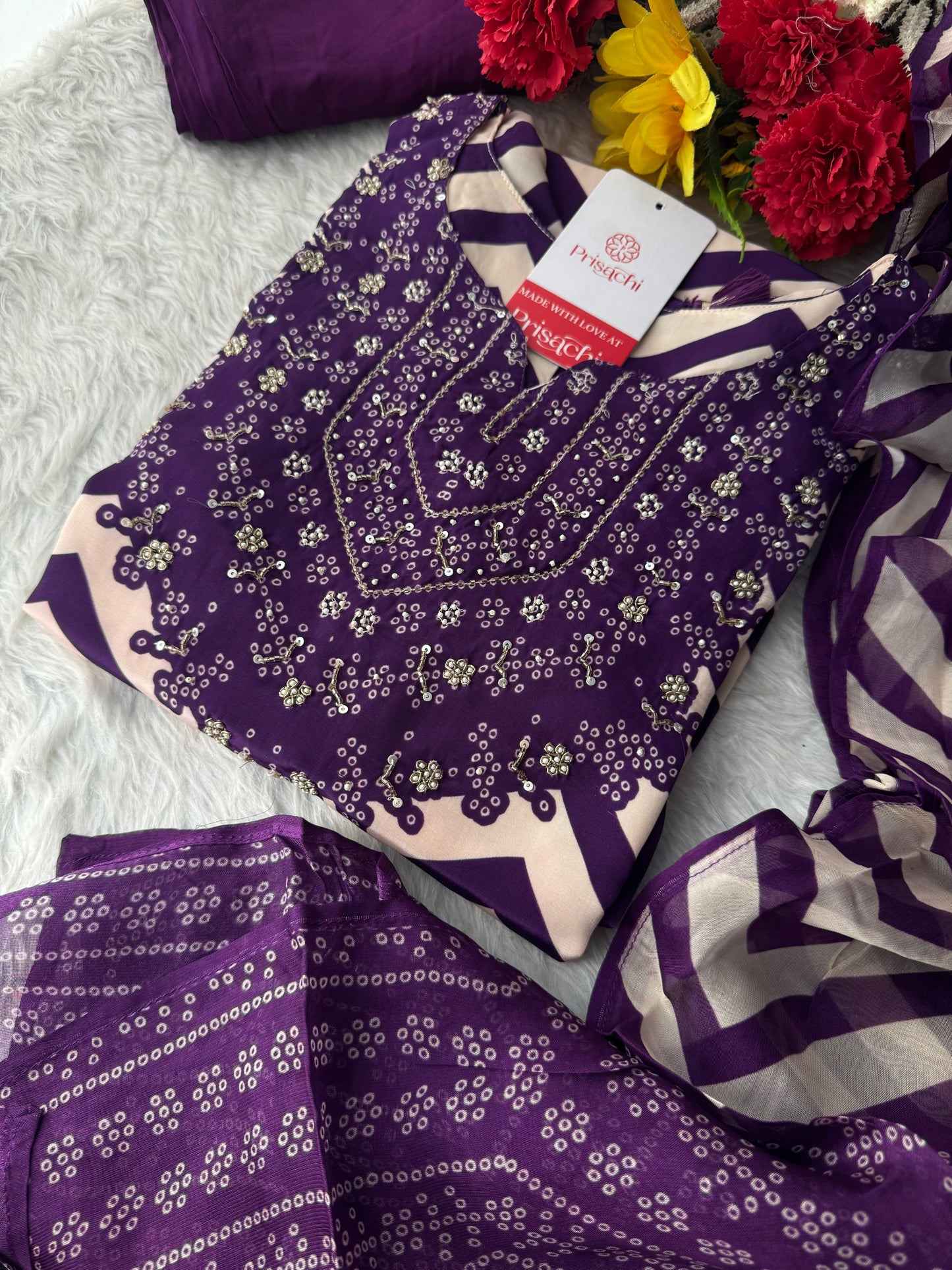 Purple Chevron Print Kurta Set with Pants & Dupatta| Embroidered Yoke Ethnic Office & Festive Wear - Prisachi Official