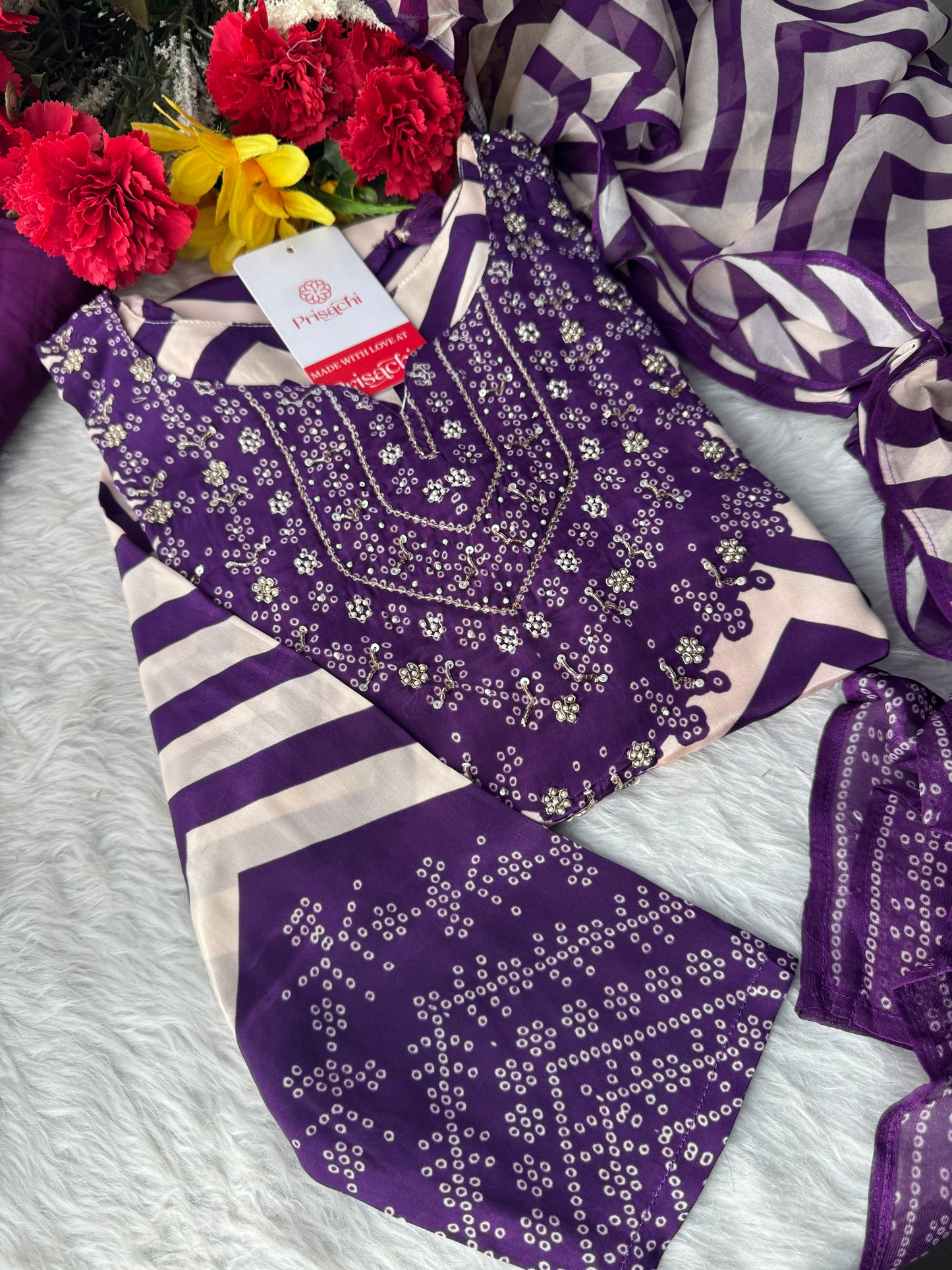 Purple Chevron Print Kurta Set with Pants & Dupatta| Embroidered Yoke Ethnic Office & Festive Wear - Prisachi Official