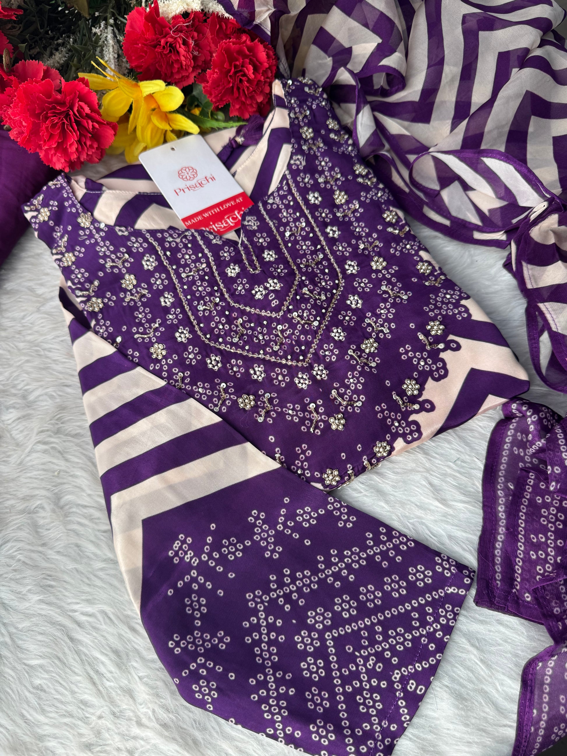 Purple Chevron Print Kurta Set with Pants & Dupatta| Embroidered Yoke Ethnic Office & Festive Wear - Prisachi Official