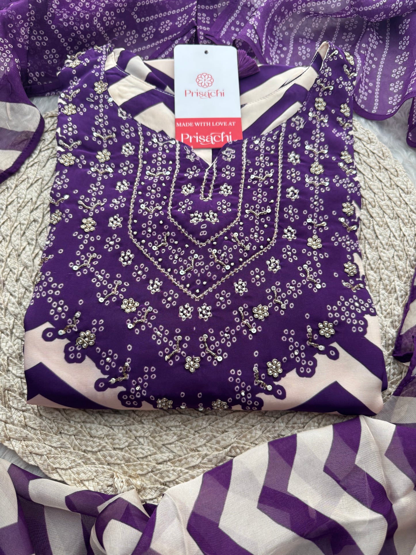 Purple Chevron Print Kurta Set with Pants & Dupatta| Embroidered Yoke Ethnic Office & Festive Wear - Prisachi Official