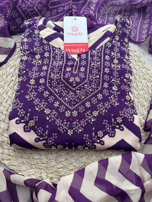 Purple Chevron Print Kurta Set with Pants & Dupatta| Embroidered Yoke Ethnic Office & Festive Wear - Prisachi Official