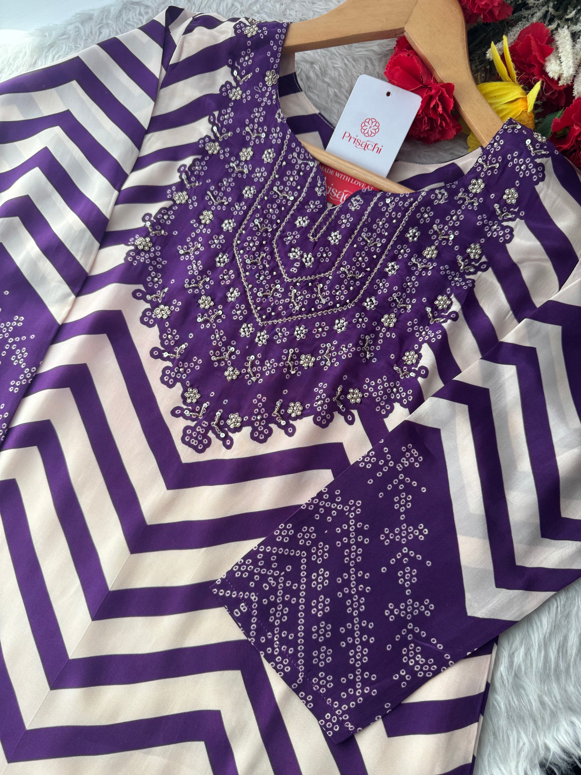 Purple Chevron Print Kurta Set with Pants & Dupatta| Embroidered Yoke Ethnic Office & Festive Wear - Prisachi Official