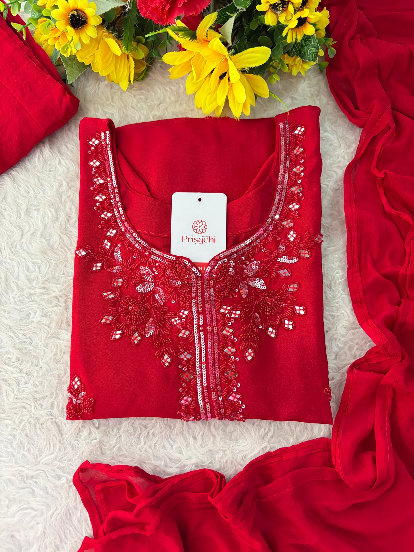 Red Embroidered Kurta Set with Palazzo & Dupatta | Festive and Party Wear Ethnic Sharara Set