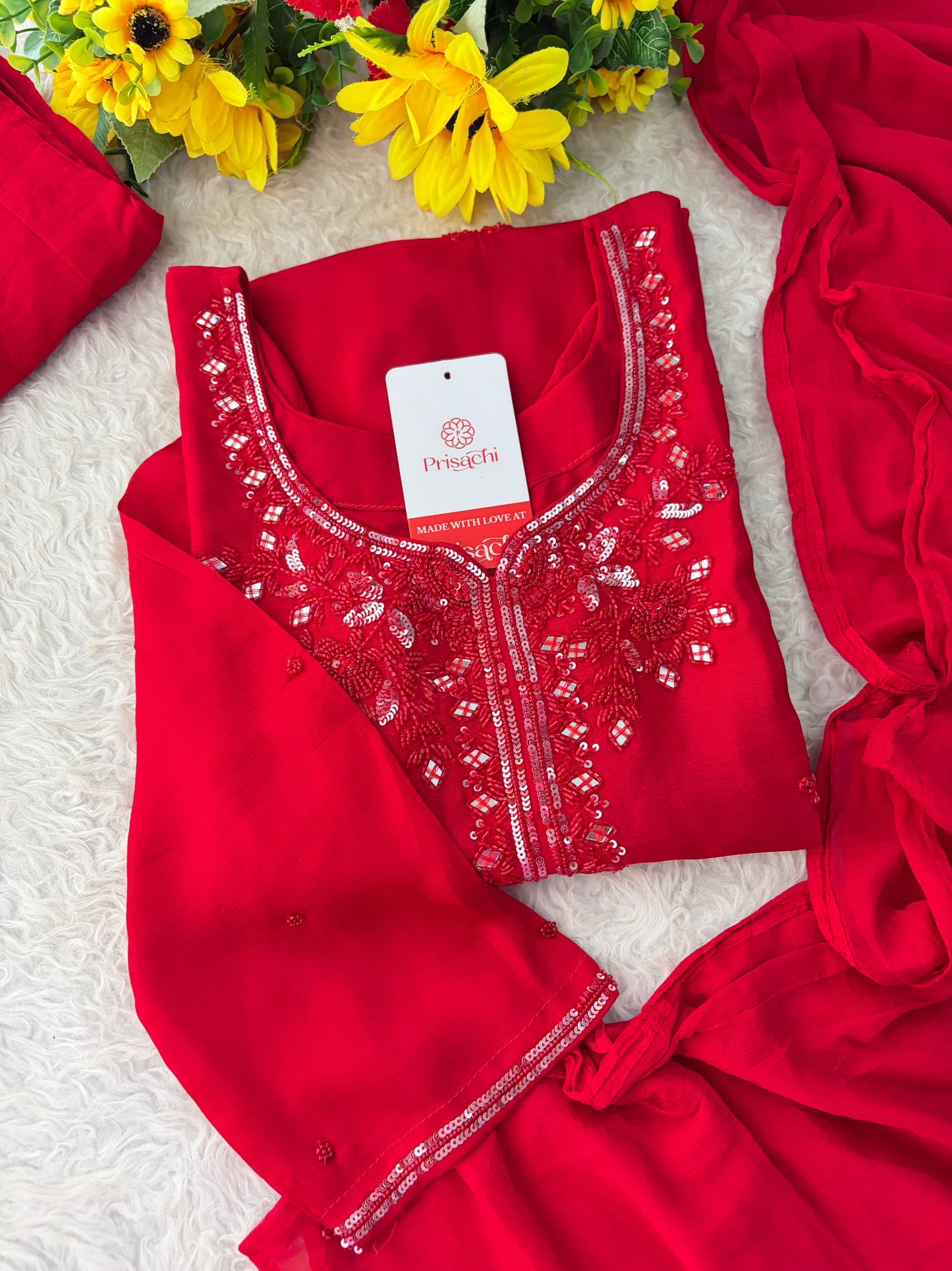 Red Embroidered Kurta Set with Palazzo & Dupatta | Festive and Party Wear Ethnic Sharara Set