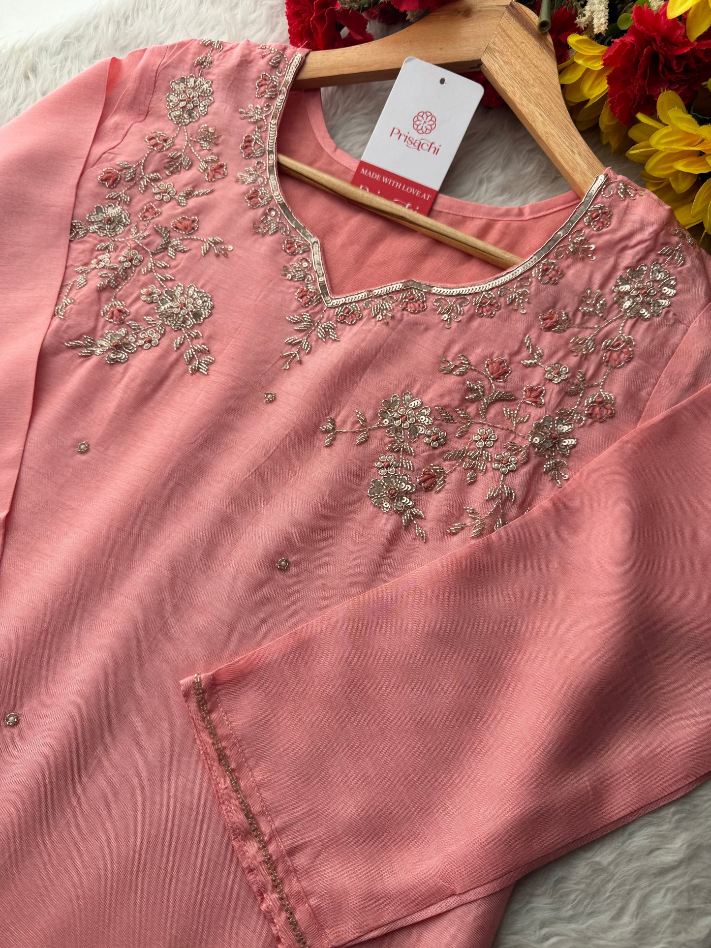 Pink Embroidered Kurta Set with Pants & Dupatta | Floral Handwork Ethnic Suit Set - Prisachi Official