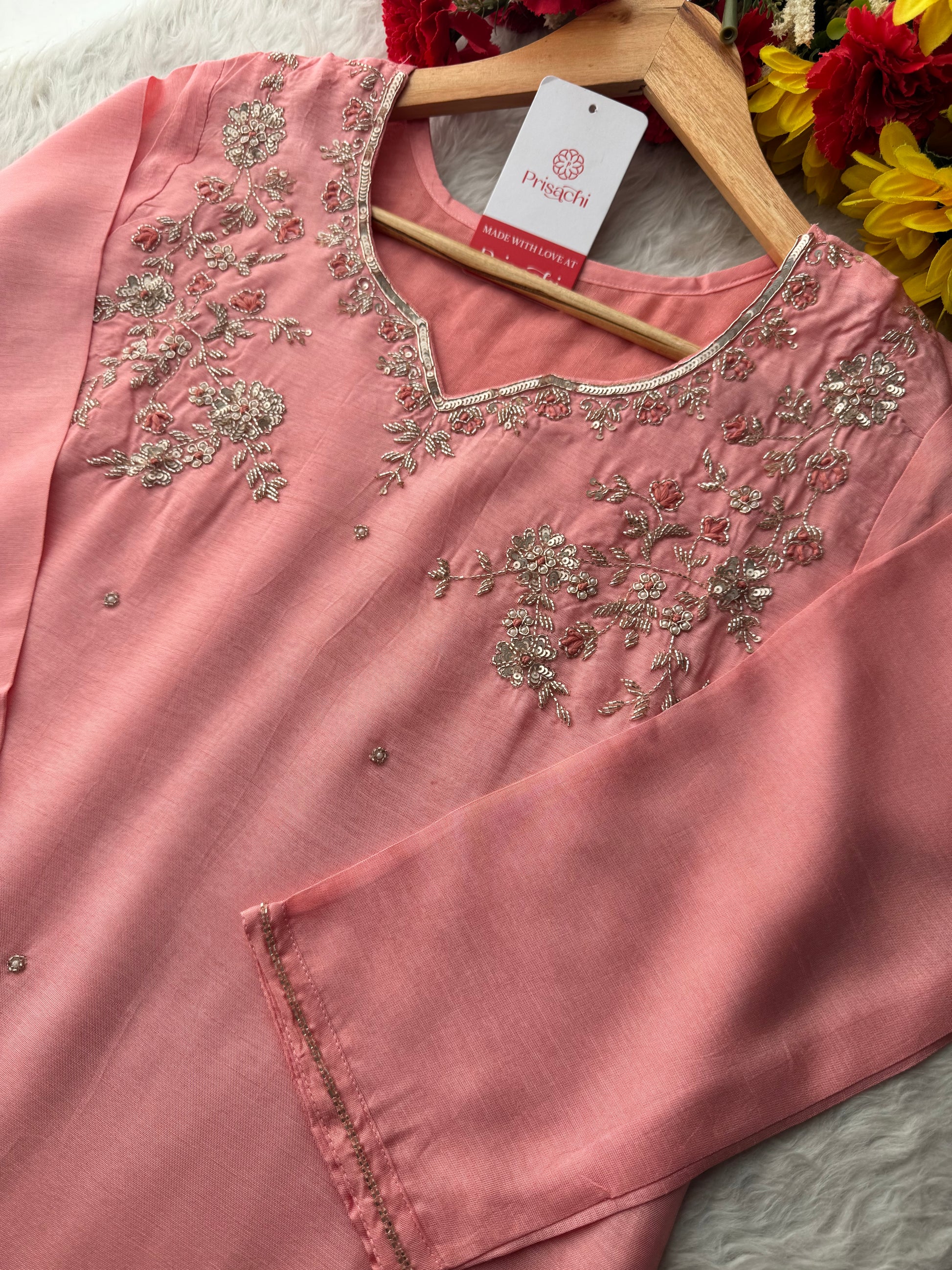 Pink Embroidered Kurta Set with Pants & Dupatta | Floral Handwork Ethnic Suit Set - Prisachi Official