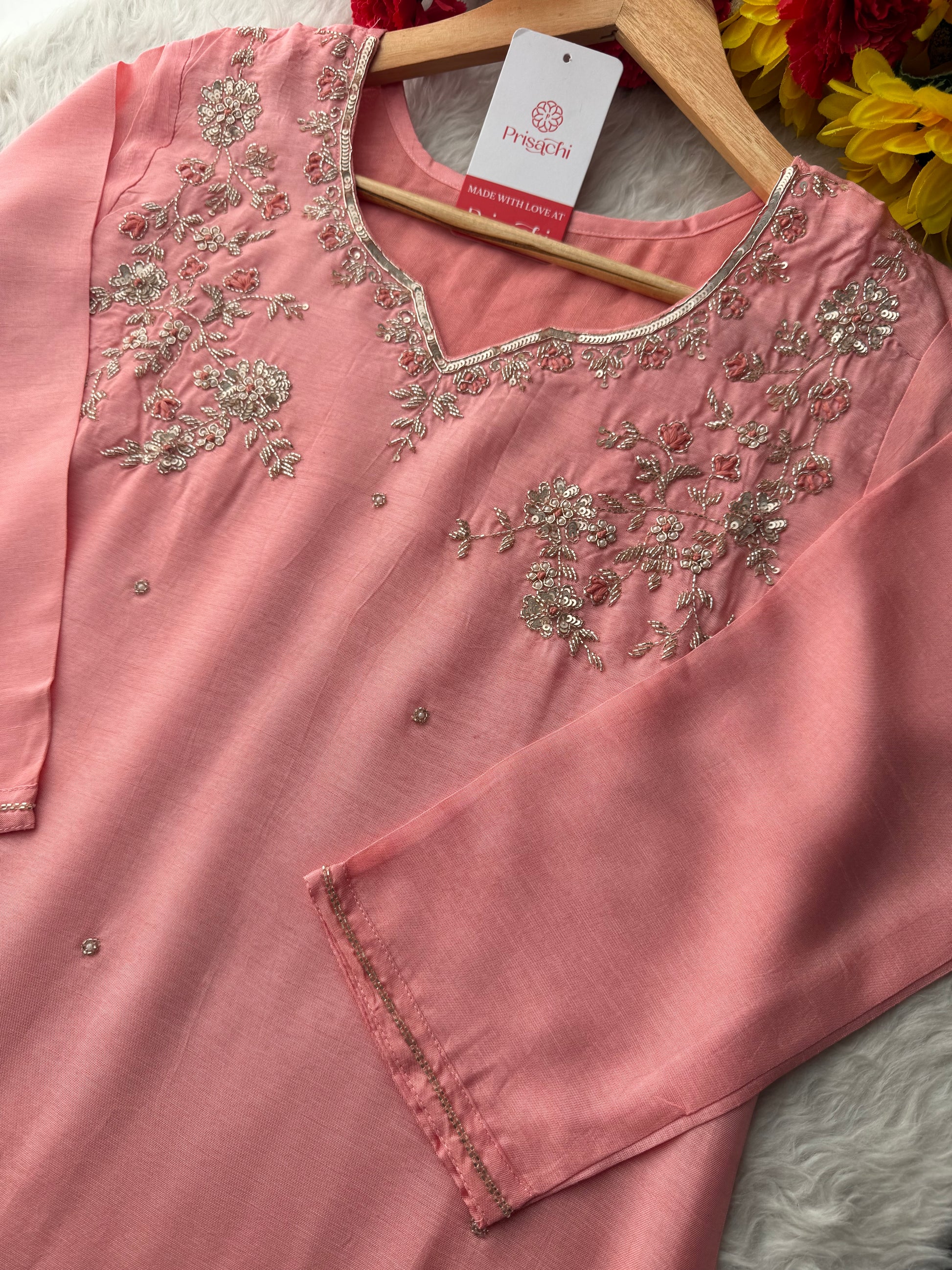 Pink Embroidered Kurta Set with Pants & Dupatta | Floral Handwork Ethnic Suit Set - Prisachi Official