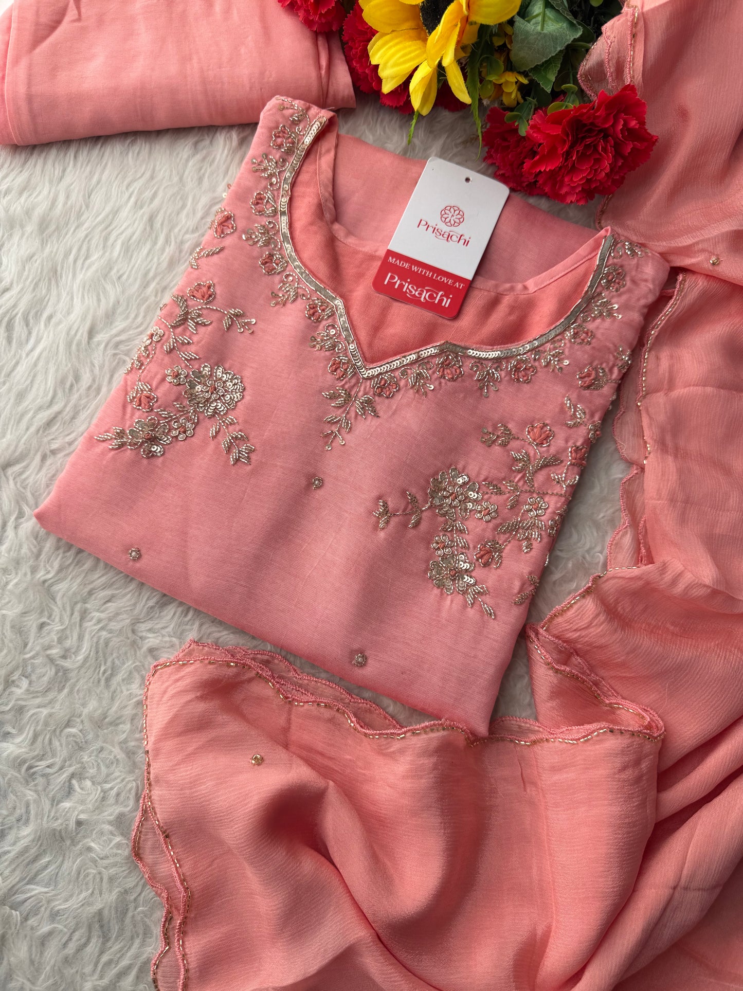 Pink Embroidered Kurta Set with Pants & Dupatta | Floral Handwork Ethnic Suit Set - Prisachi Official