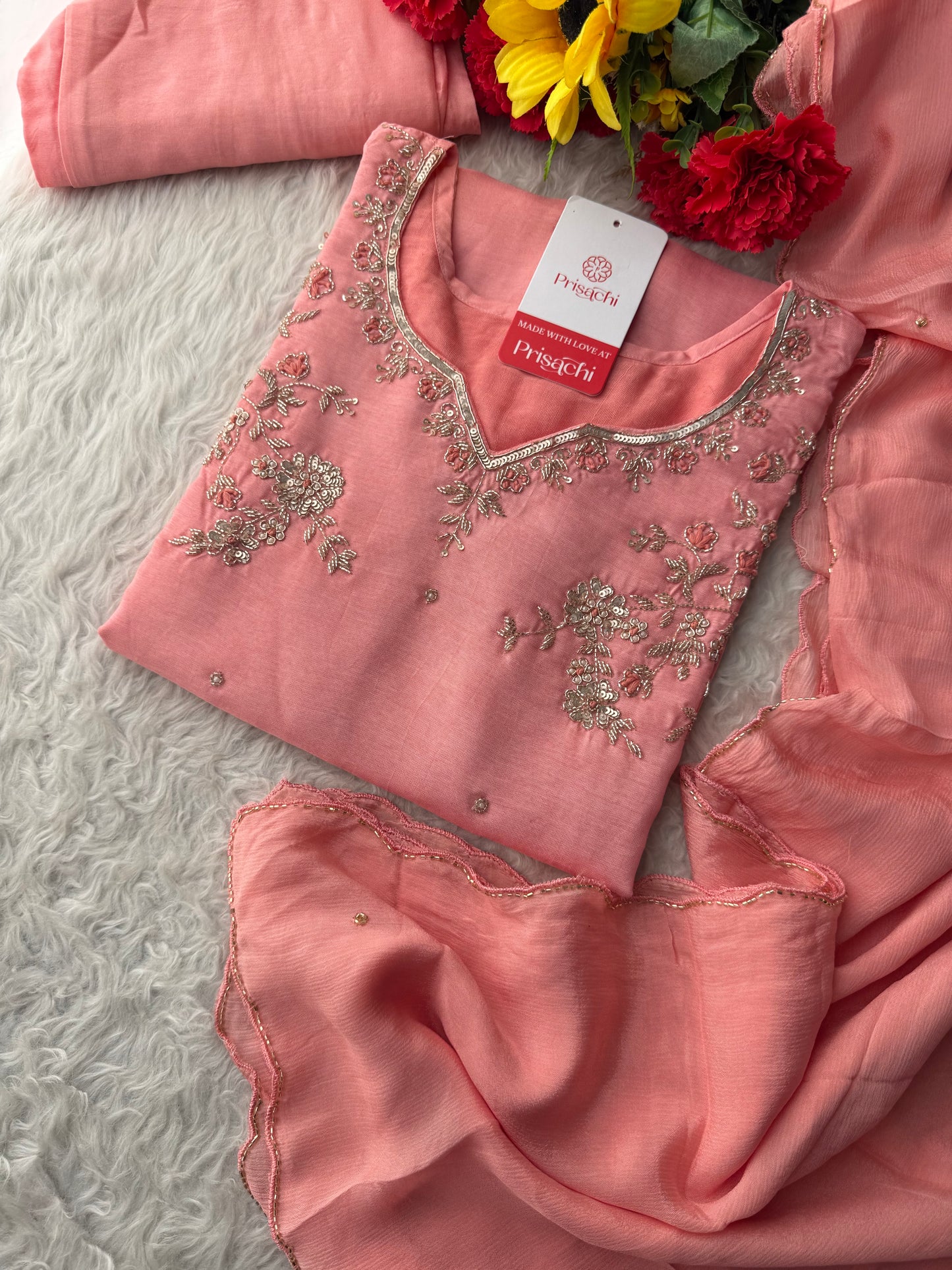 Pink Embroidered Kurta Set with Pants & Dupatta | Floral Handwork Ethnic Suit Set - Prisachi Official