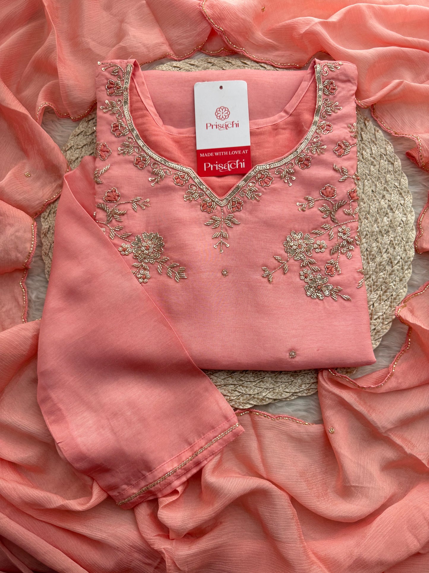 Pink Embroidered Kurta Set with Pants & Dupatta | Floral Handwork Ethnic Suit Set - Prisachi Official