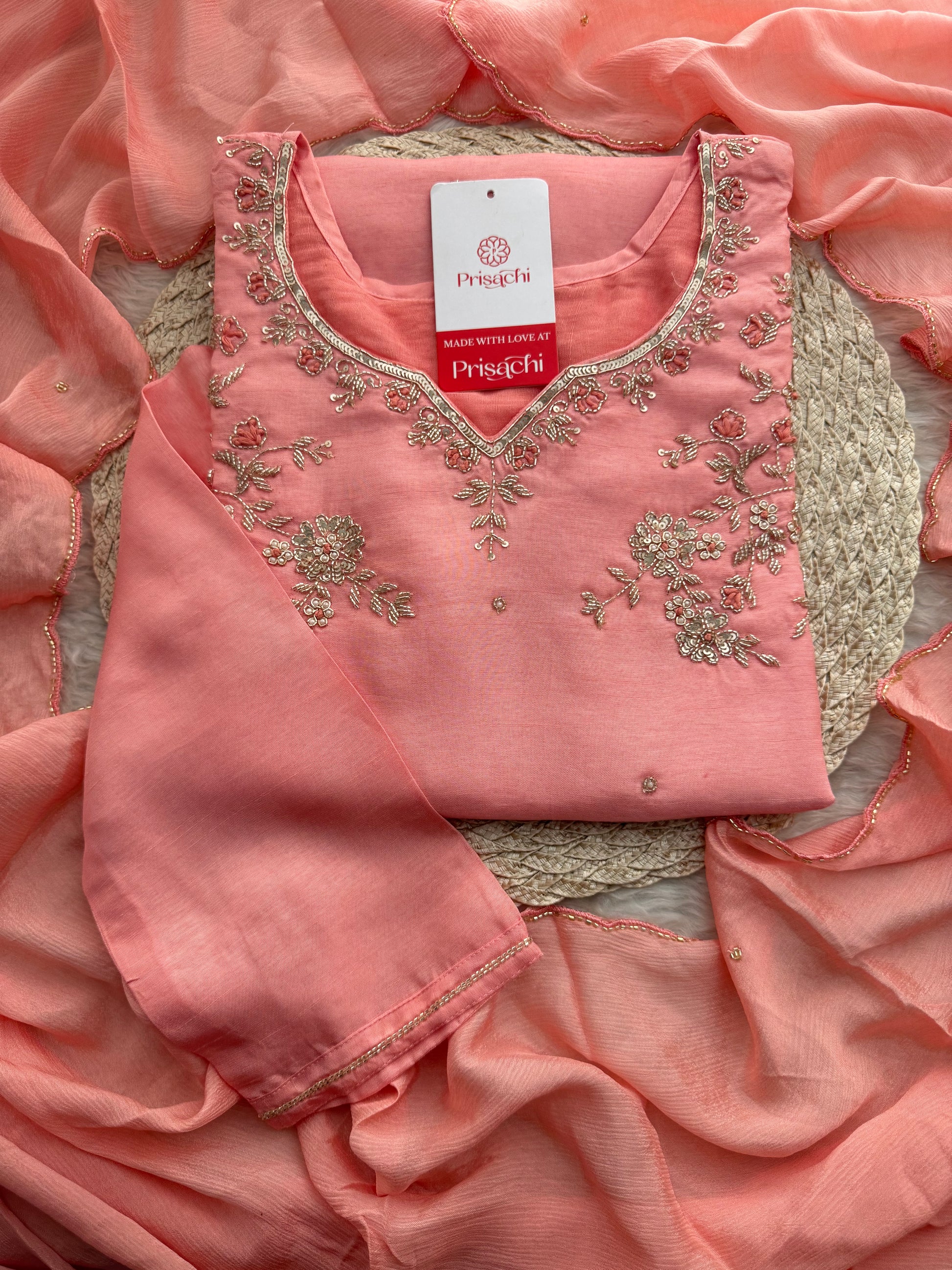 Pink Embroidered Kurta Set with Pants & Dupatta | Floral Handwork Ethnic Suit Set - Prisachi Official