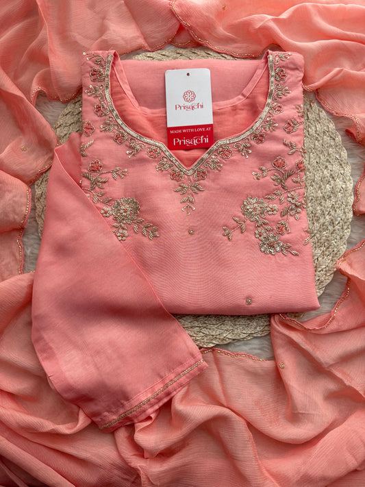 Pink Embroidered Kurta Set with Pants & Dupatta | Floral Handwork Ethnic Suit Set - Prisachi Official