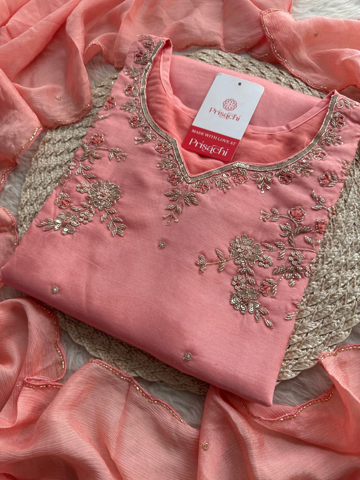 Pink Embroidered Kurta Set with Pants & Dupatta | Floral Handwork Ethnic Suit Set - Prisachi Official