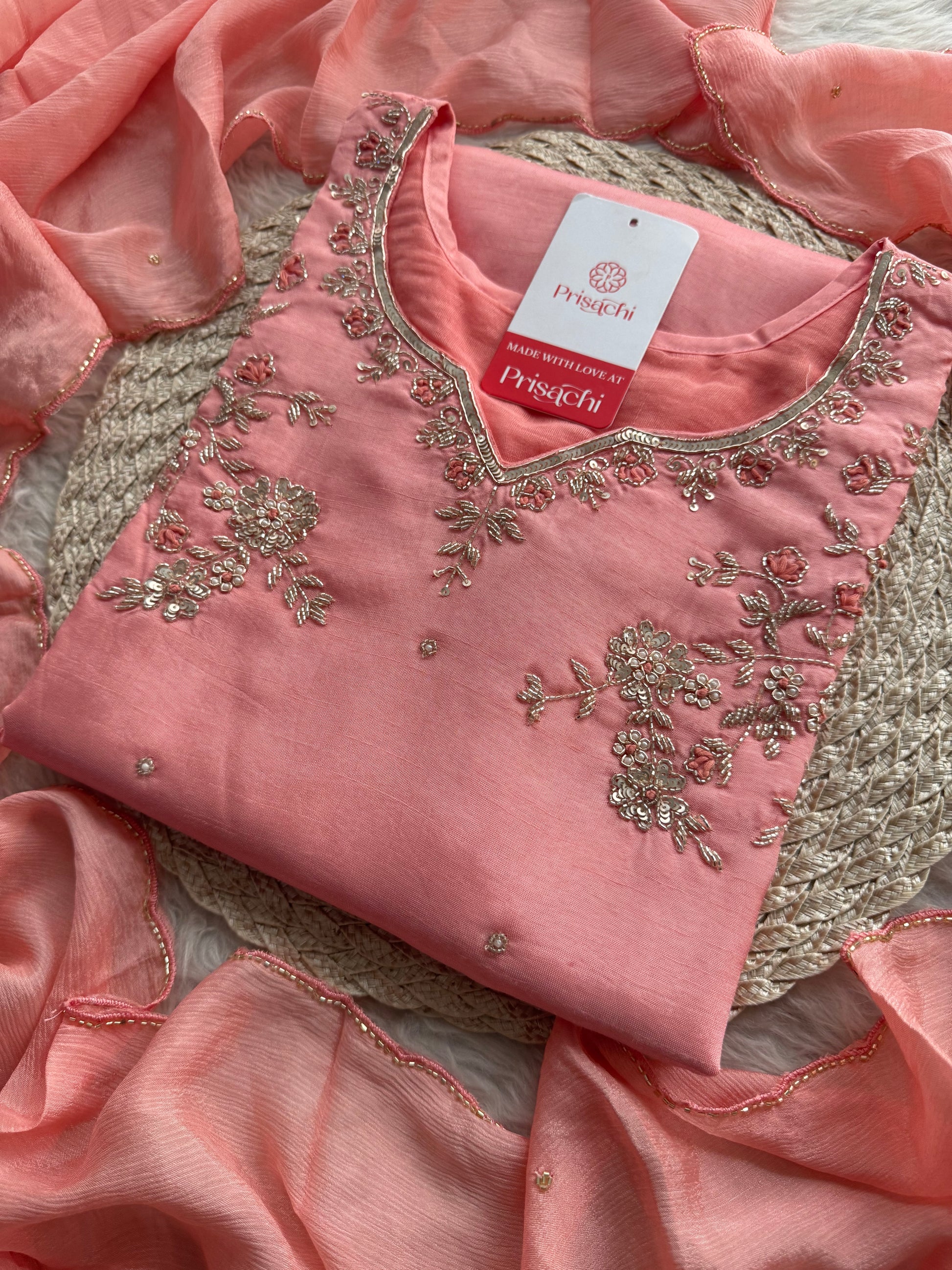 Pink Embroidered Kurta Set with Pants & Dupatta | Floral Handwork Ethnic Suit Set - Prisachi Official