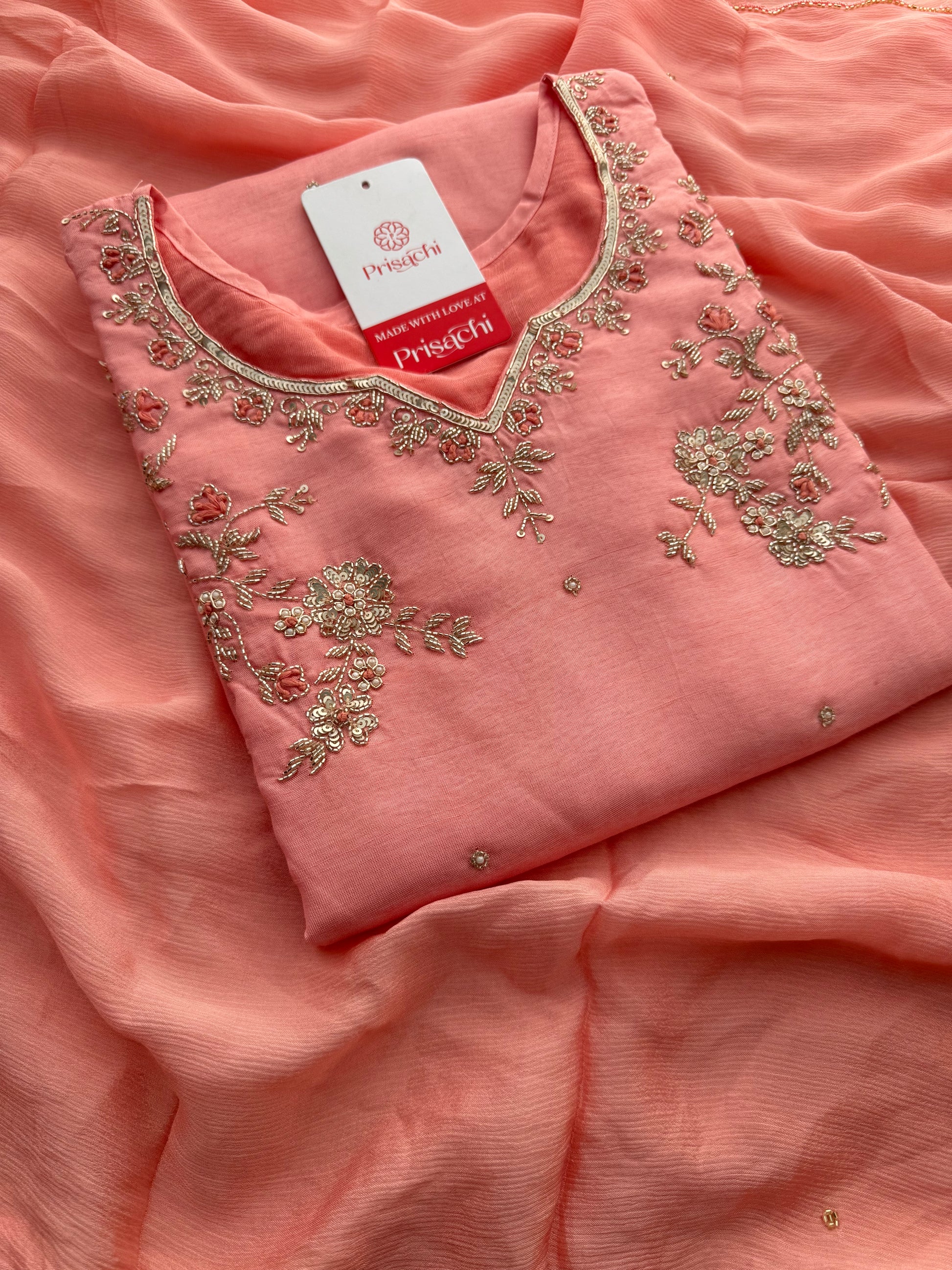 Pink Embroidered Kurta Set with Pants & Dupatta | Floral Handwork Ethnic Suit Set - Prisachi Official