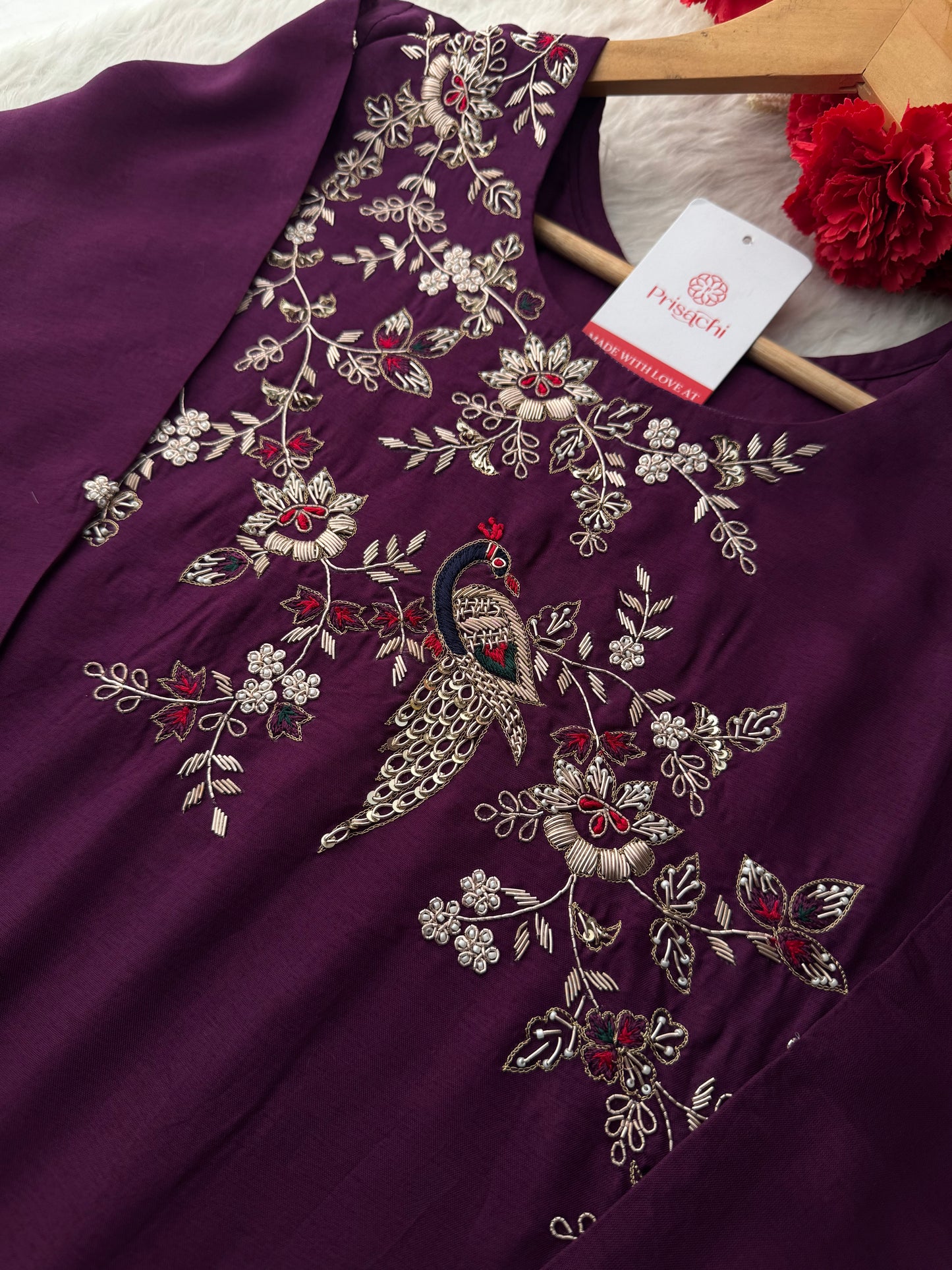 Purple Embroidered Kurta Set with Dupatta & Pants | Zardozi Handwork Ethnic Suit Set - Prisachi Official