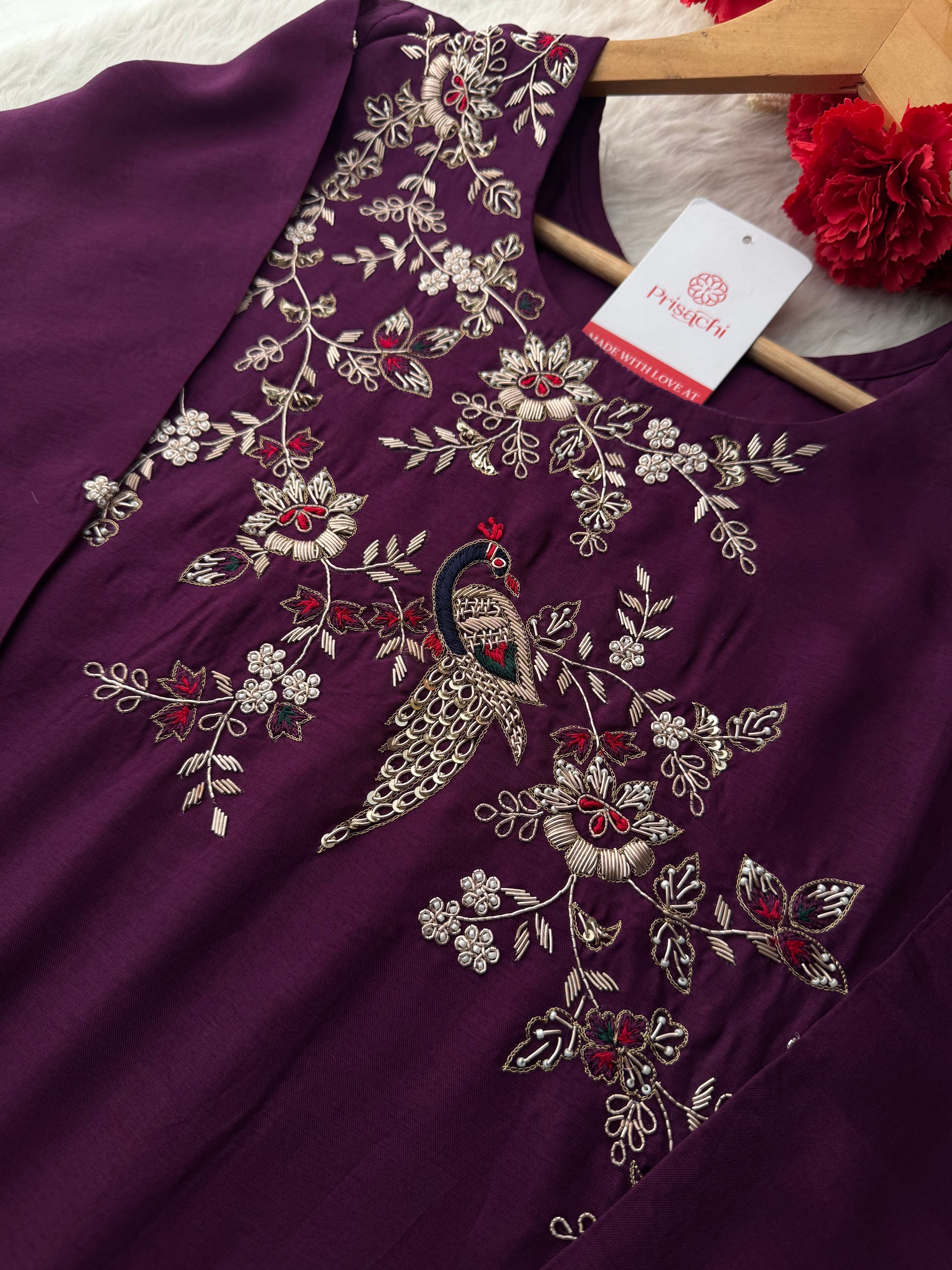 Purple Embroidered Kurta Set with Dupatta & Pants | Zardozi Handwork Ethnic Suit Set - Prisachi Official