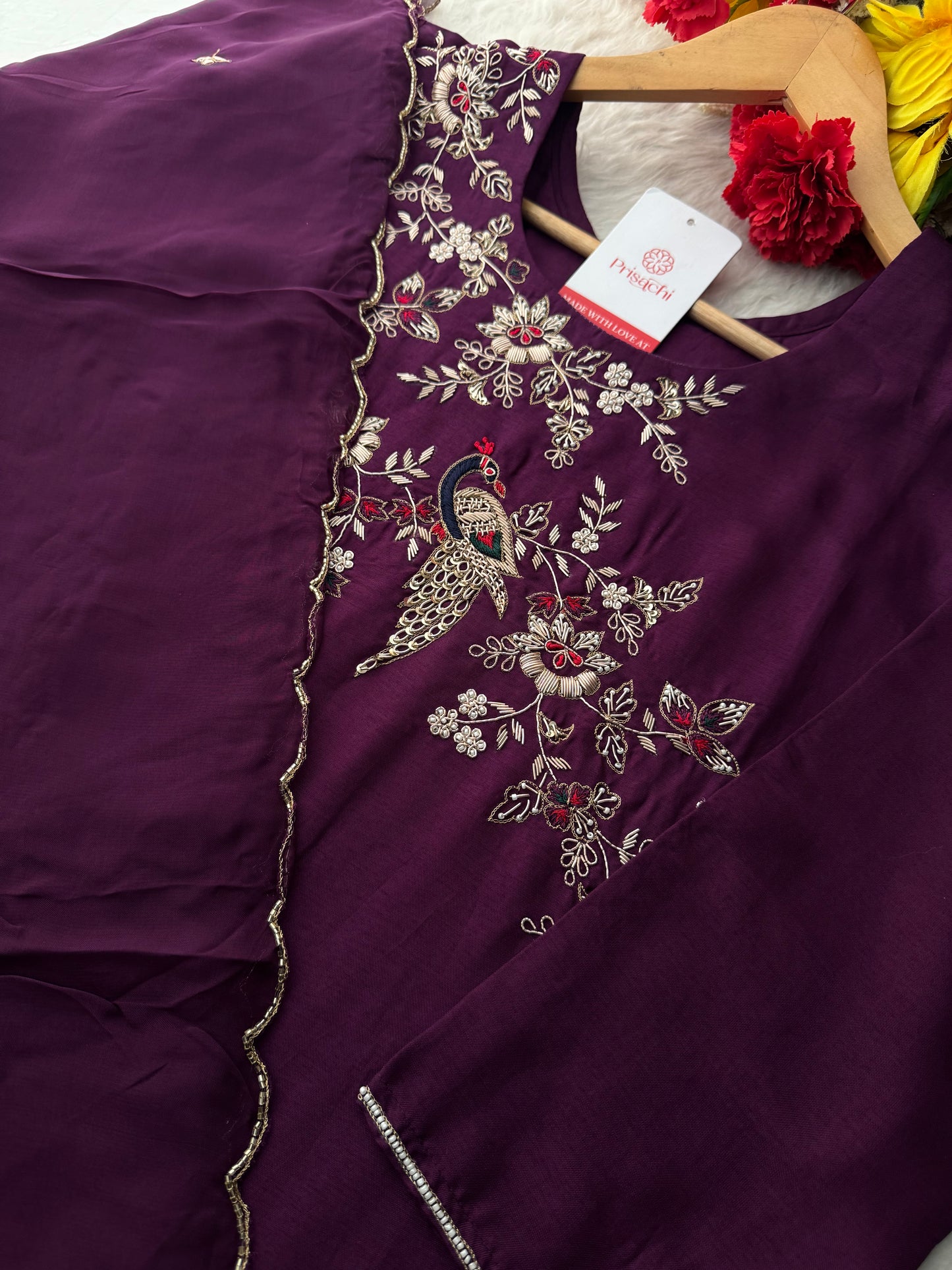 Purple Embroidered Kurta Set with Dupatta & Pants | Zardozi Handwork Ethnic Suit Set - Prisachi Official
