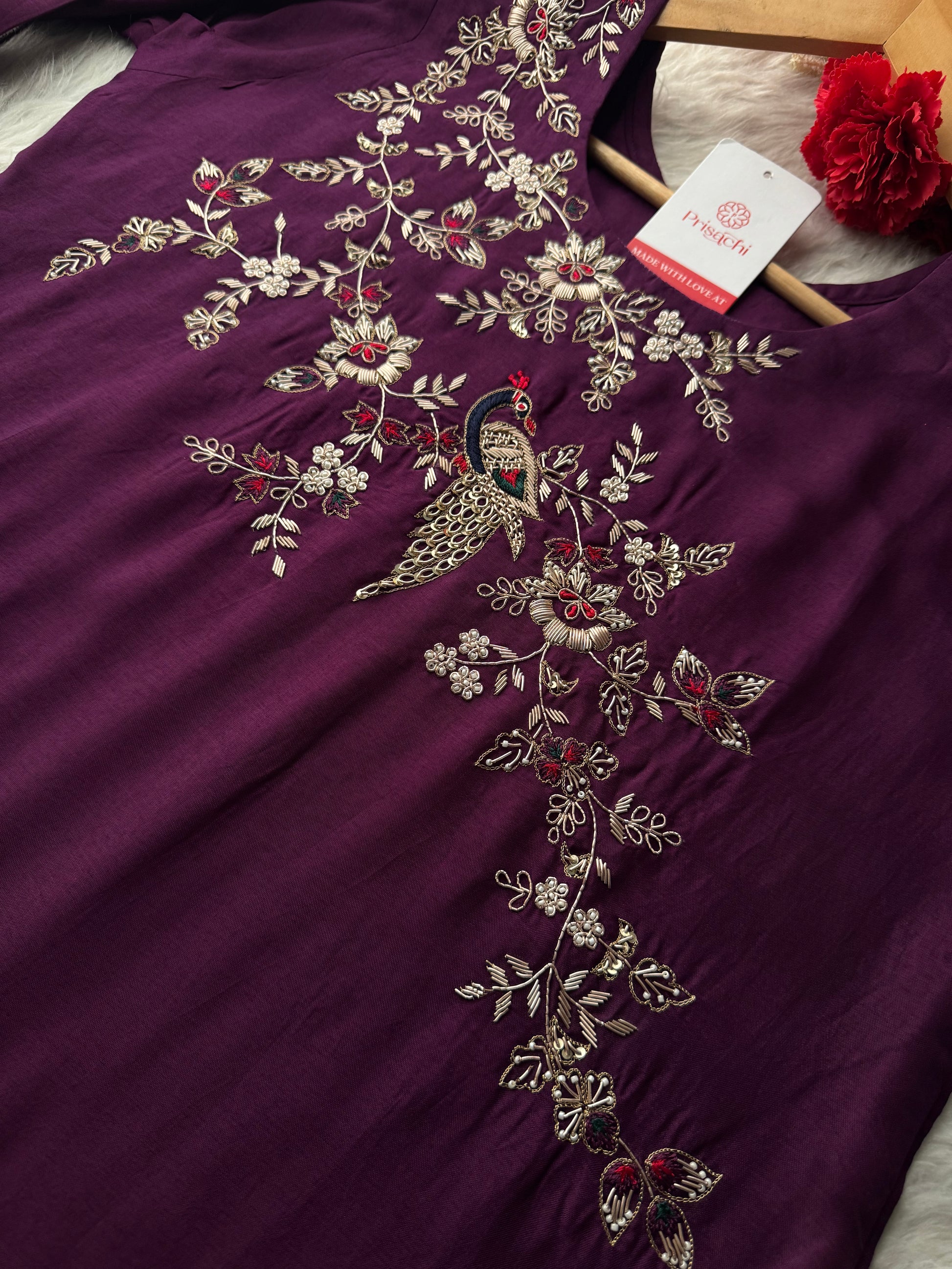 Purple Embroidered Kurta Set with Dupatta & Pants | Zardozi Handwork Ethnic Suit Set - Prisachi Official