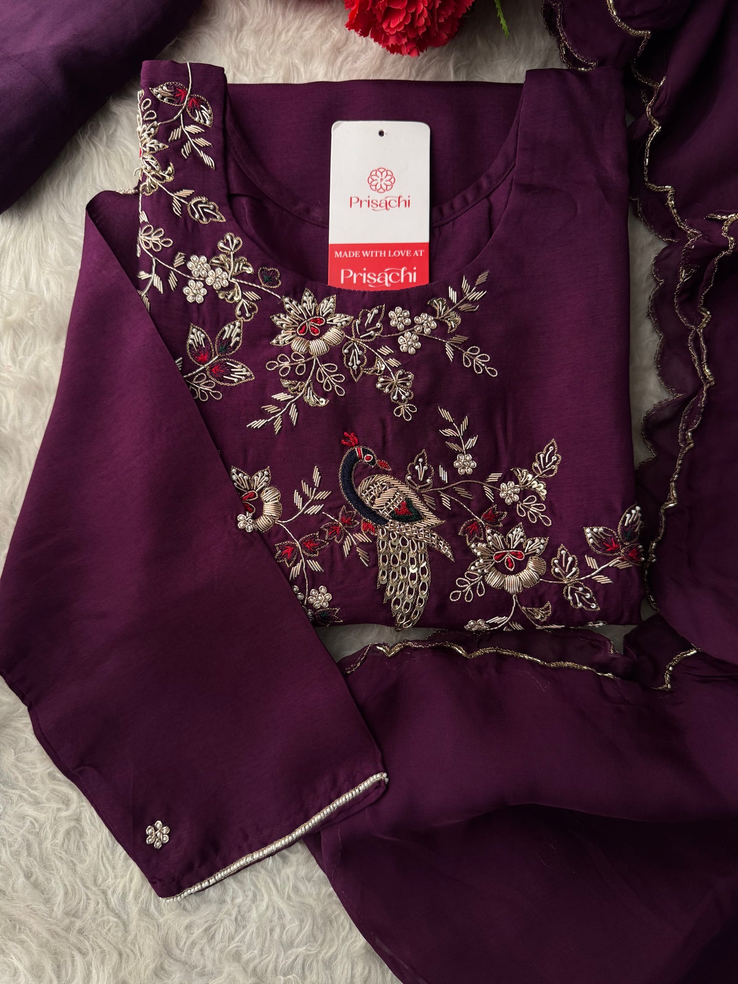 Purple Embroidered Kurta Set with Dupatta & Pants | Zardozi Handwork Ethnic Suit Set - Prisachi Official