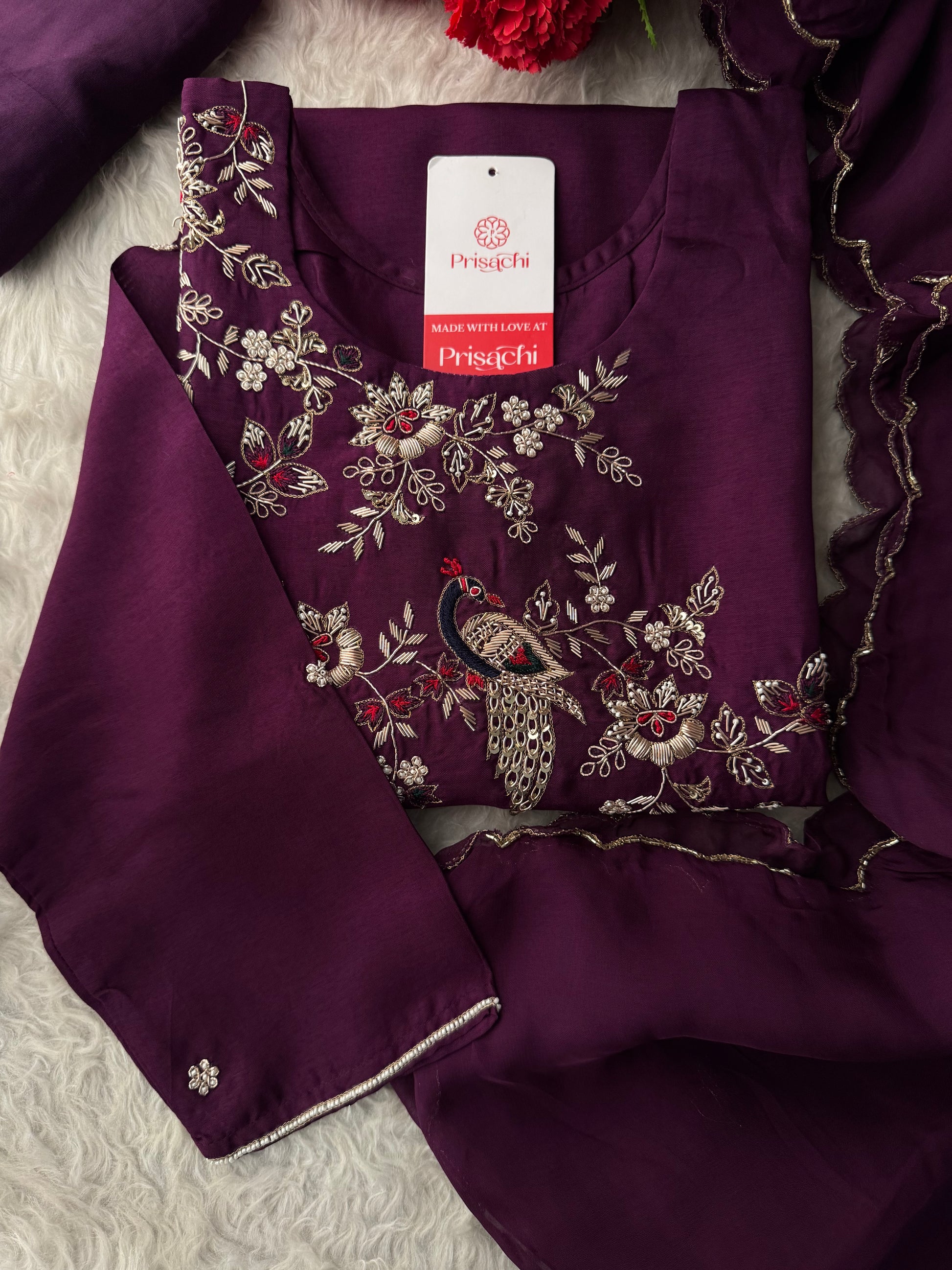 Purple Embroidered Kurta Set with Dupatta & Pants | Zardozi Handwork Ethnic Suit Set - Prisachi Official