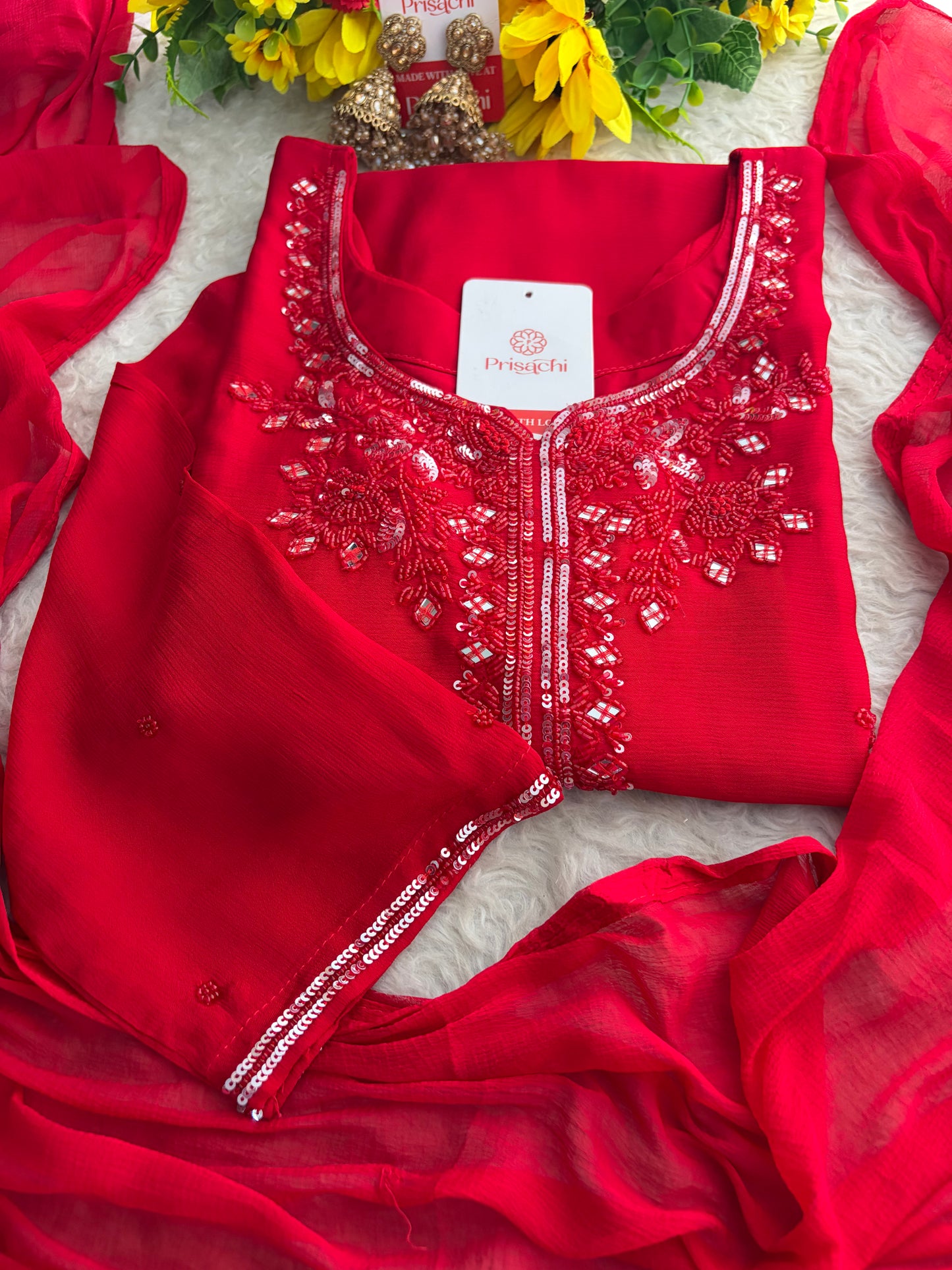 Red Embroidered Kurta Set with Palazzo & Dupatta | Festive and Party Wear Ethnic Sharara Set