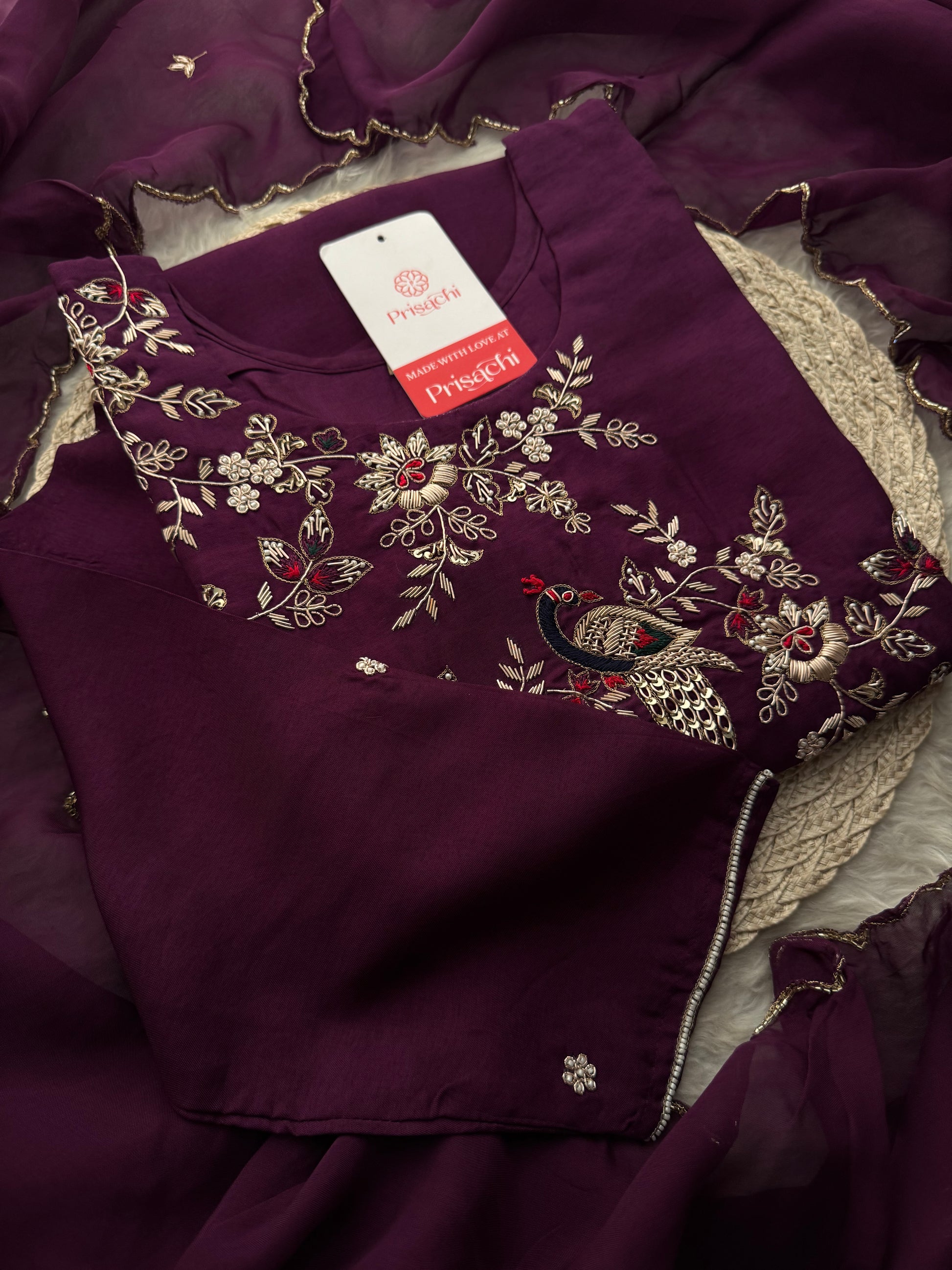 Purple Embroidered Kurta Set with Dupatta & Pants | Zardozi Handwork Ethnic Suit Set - Prisachi Official