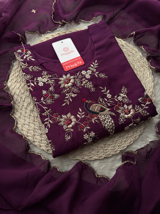 Purple Embroidered Kurta Set with Dupatta & Pants | Zardozi Handwork Ethnic Suit Set - Prisachi Official