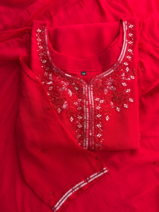 Red Embroidered Kurta Set with Palazzo & Dupatta | Festive and Party Wear Ethnic Sharara Set
