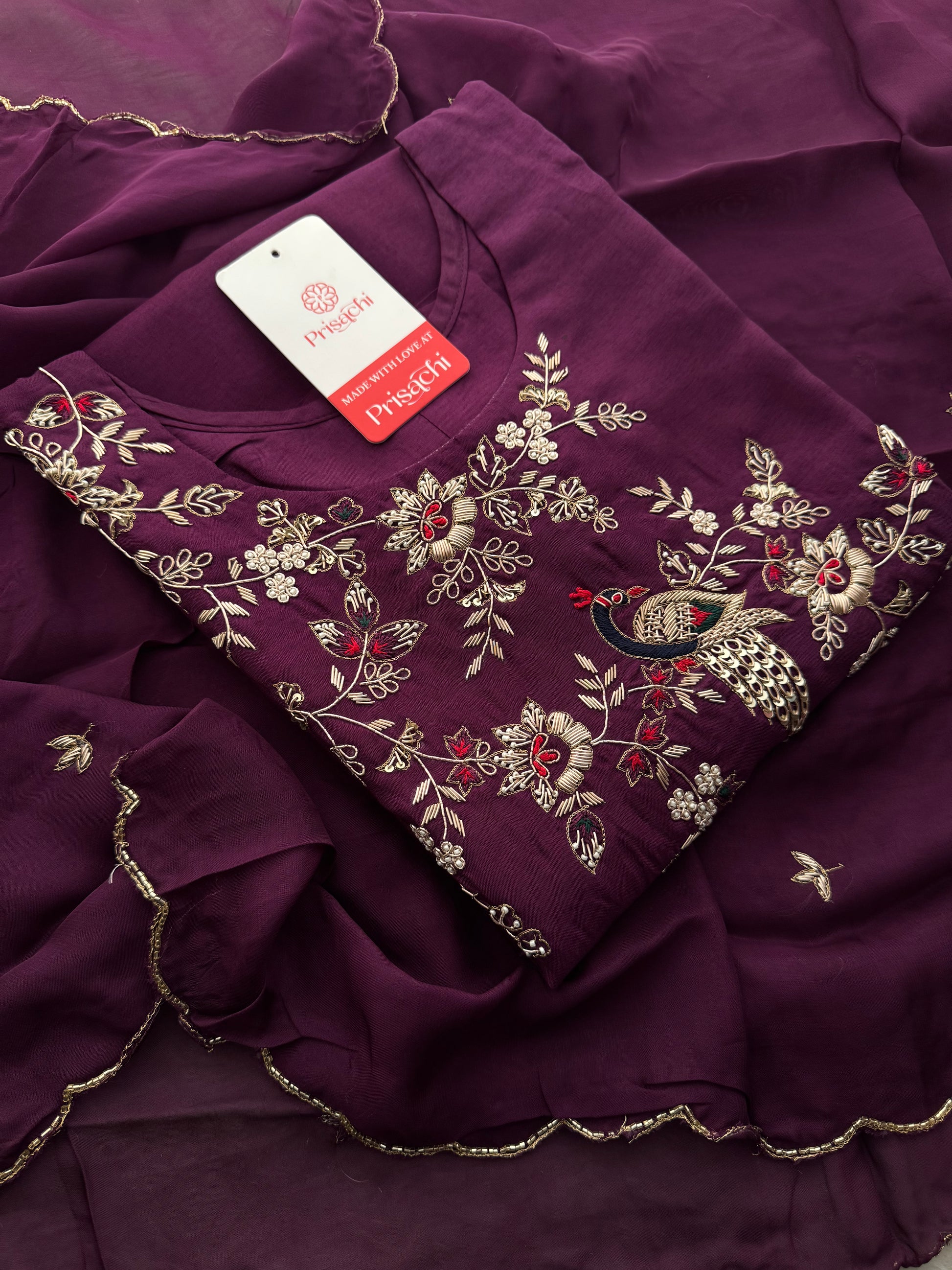 Purple Embroidered Kurta Set with Dupatta & Pants | Zardozi Handwork Ethnic Suit Set - Prisachi Official