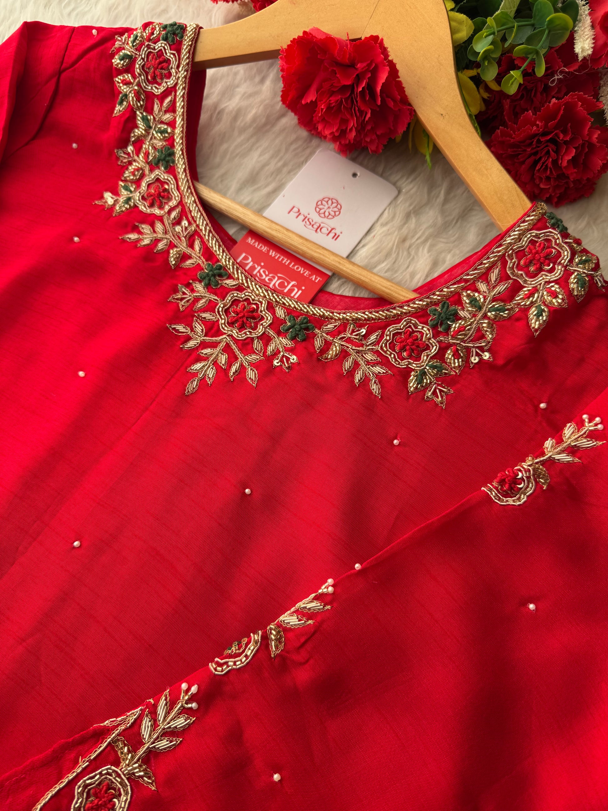 Red Embroidered Kurta Set with Banarasi Dupatta & Pants | Hand Embroidery Ethnic Suit Set - Prisachi Official