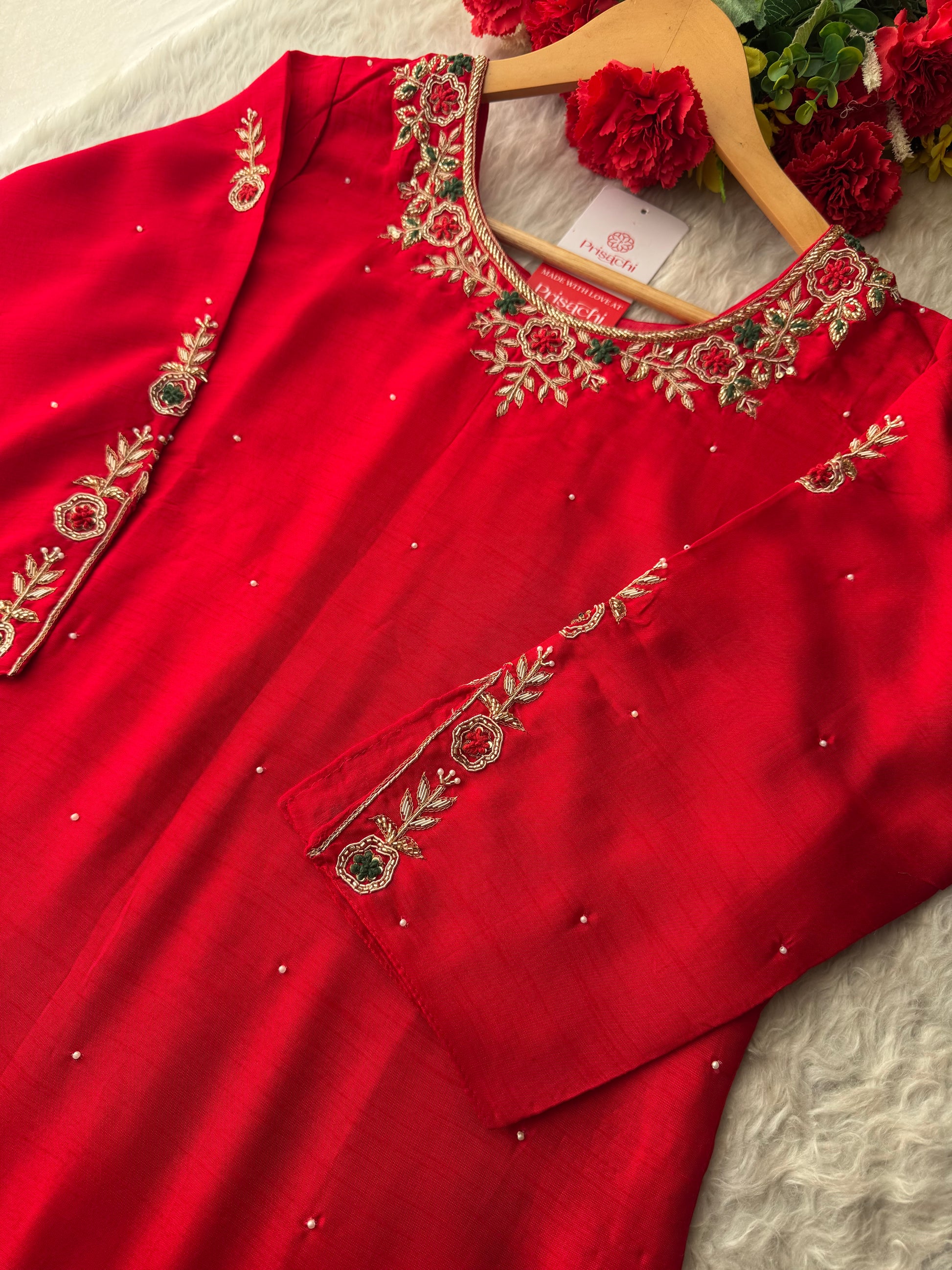 Red Embroidered Kurta Set with Banarasi Dupatta & Pants | Hand Embroidery Ethnic Suit Set - Prisachi Official