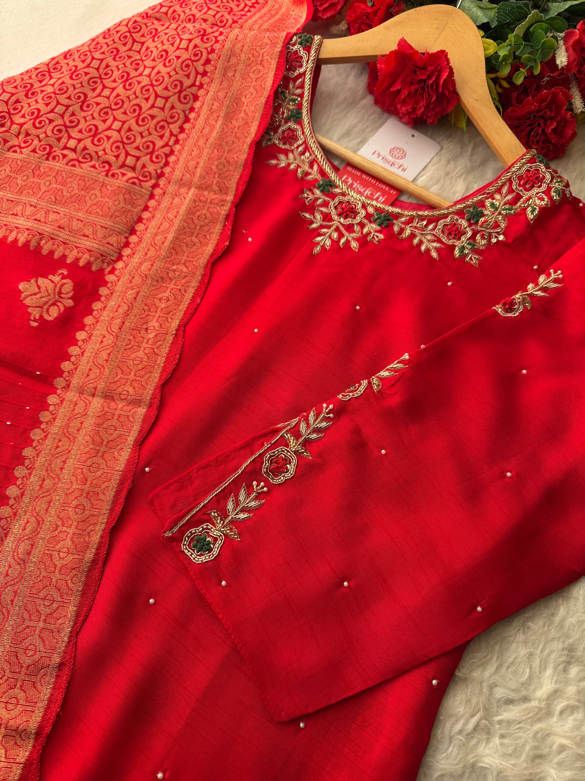Red Embroidered Kurta Set with Banarasi Dupatta & Pants | Hand Embroidery Ethnic Suit Set - Prisachi Official