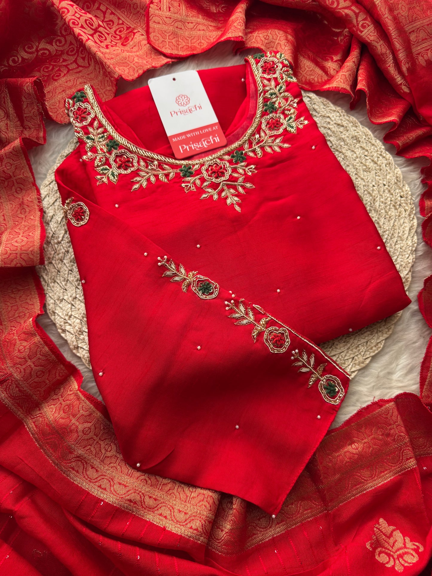Red Embroidered Kurta Set with Banarasi Dupatta & Pants | Hand Embroidery Ethnic Suit Set - Prisachi Official
